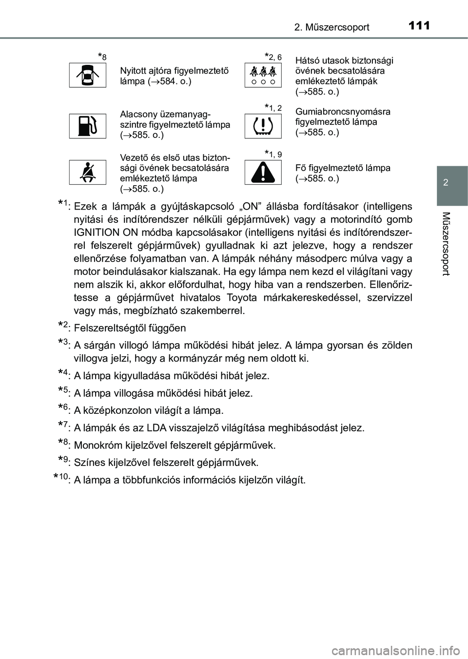 TOYOTA YARIS HATCHBACK 2019 Kezelési útmutató (in Hungarian) 1112. Műszercsoport
2
Műszercsoport*1: Ezek a lámpák a gyújtáskapcsoló „ON” állásba fordításakor (intelligensnyitási és indítórendszer nélküli gépjárművek) vagy a TOYOTA YARIS HATCHBACK 2019 Kezelési útmutató (in Hungarian) 1112. Műszercsoport
2
Műszercsoport*1: Ezek a lámpák a gyújtáskapcsoló „ON” állásba fordításakor (intelligensnyitási és indítórendszer nélküli gépjárművek) vagy a