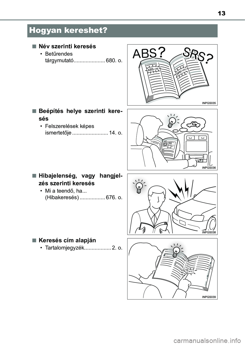 TOYOTA YARIS HATCHBACK 2019 Kezelési útmutató (in Hungarian) 13
Hogyan kereshet?
nNév szerinti keresés
• Betűrendes tárgymutató..................... 680. o.
n
Beépítés helye szerinti kere-
sés
• Felszerelések képes ismertetője .............. TOYOTA YARIS HATCHBACK 2019 Kezelési útmutató (in Hungarian) 13
Hogyan kereshet?
nNév szerinti keresés
• Betűrendes tárgymutató..................... 680. o.
n
Beépítés helye szerinti kere-
sés
• Felszerelések képes ismertetője ..............