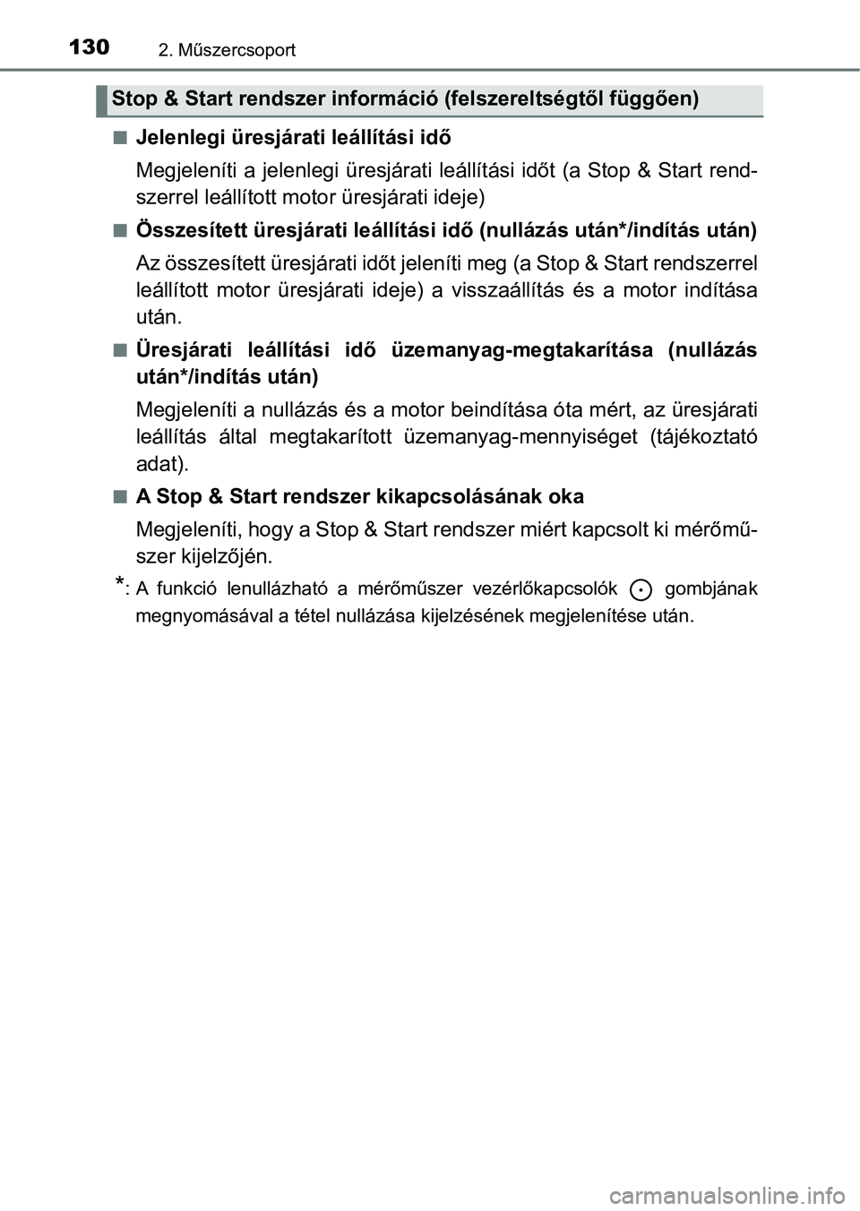 TOYOTA YARIS HATCHBACK 2019 Kezelési útmutató (in Hungarian) 1302. Műszercsoport
nJelenlegi üresjárati leállítási idő
Megjeleníti a jelenlegi üresjárati leállítási időt (a Stop & Start rend-
szerrel leállított motor üresjárati ideje)
nÖsszes TOYOTA YARIS HATCHBACK 2019 Kezelési útmutató (in Hungarian) 1302. Műszercsoport
nJelenlegi üresjárati leállítási idő
Megjeleníti a jelenlegi üresjárati leállítási időt (a Stop & Start rend-
szerrel leállított motor üresjárati ideje)
nÖsszes