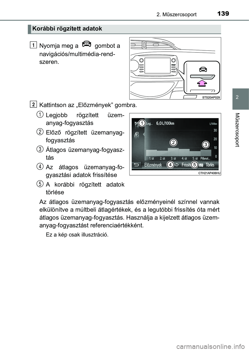 TOYOTA YARIS HATCHBACK 2019 Kezelési útmutató (in Hungarian) 1392. Műszercsoport
2
Műszercsoport
Nyomja meg a gombot a
navigációs/multimédia-rend-
szeren.
Kattintson az „Előzmények” gombra.
Legjobb rögzített üzem-
anyag-fogyasztás
Előző r TOYOTA YARIS HATCHBACK 2019 Kezelési útmutató (in Hungarian) 1392. Műszercsoport
2
Műszercsoport
Nyomja meg a gombot a
navigációs/multimédia-rend-
szeren.
Kattintson az „Előzmények” gombra.
Legjobb rögzített üzem-
anyag-fogyasztás
Előző r
