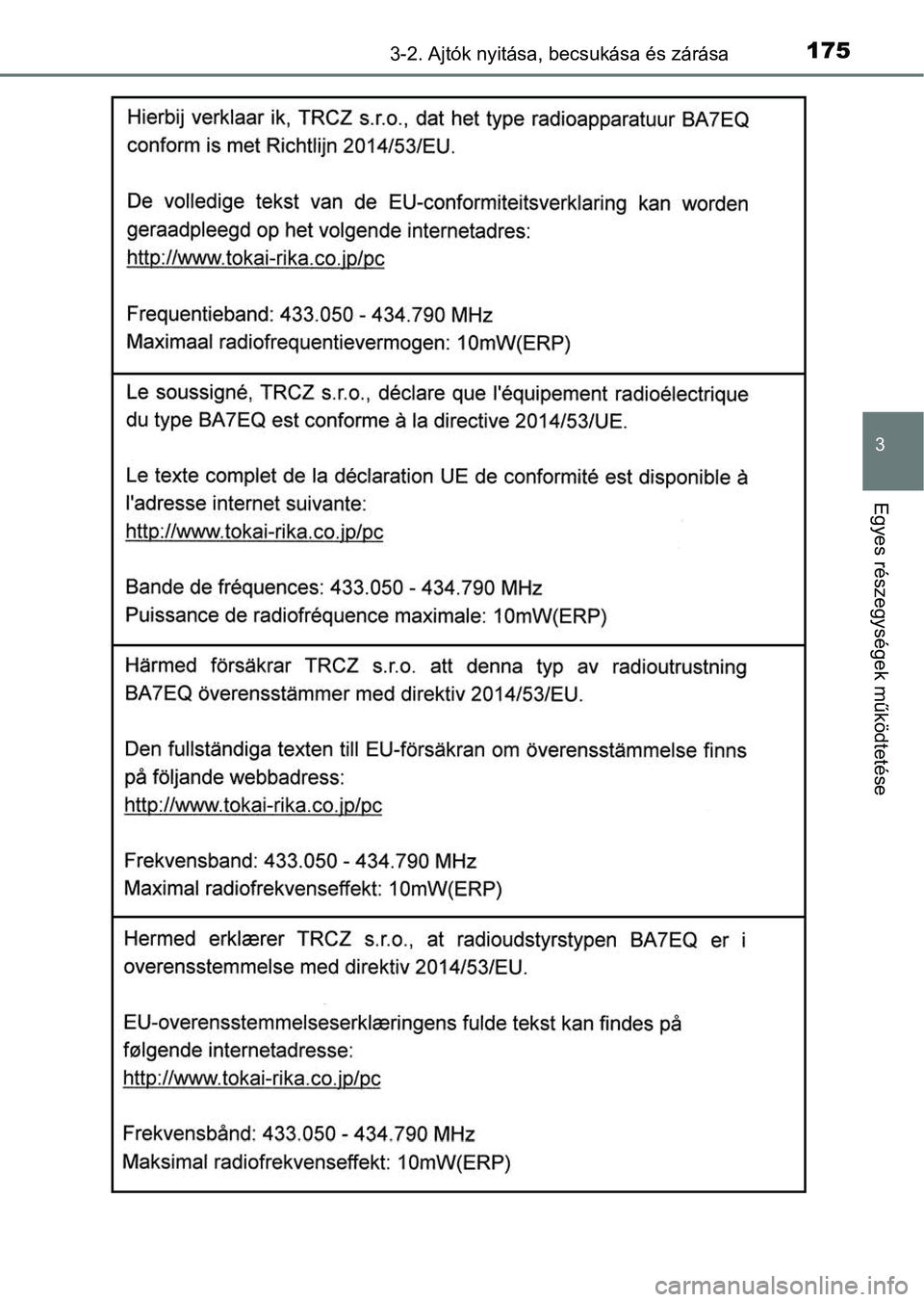 TOYOTA YARIS HATCHBACK 2019  Kezelési útmutató (in Hungarian) 1753-2. Ajtók nyitása, becsukása és zárása
3
Egyes részegységek működtetése 
