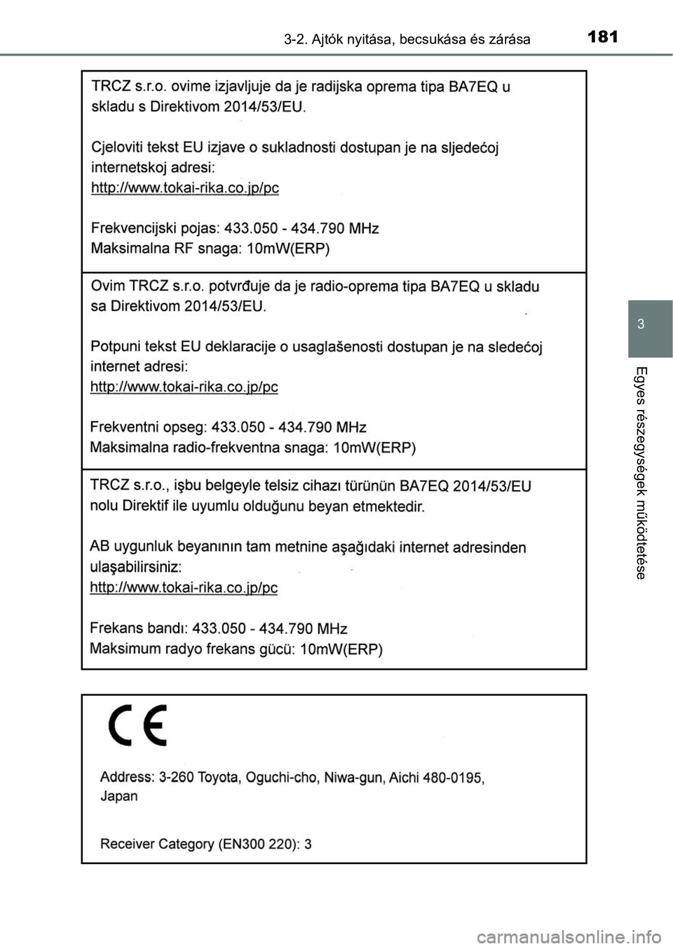 TOYOTA YARIS HATCHBACK 2019 Kezelési útmutató (in Hungarian) 1813-2. Ajtók nyitása, becsukása és zárása
3
Egyes részegységek működtetése TOYOTA YARIS HATCHBACK 2019 Kezelési útmutató (in Hungarian) 1813-2. Ajtók nyitása, becsukása és zárása
3
Egyes részegységek működtetése