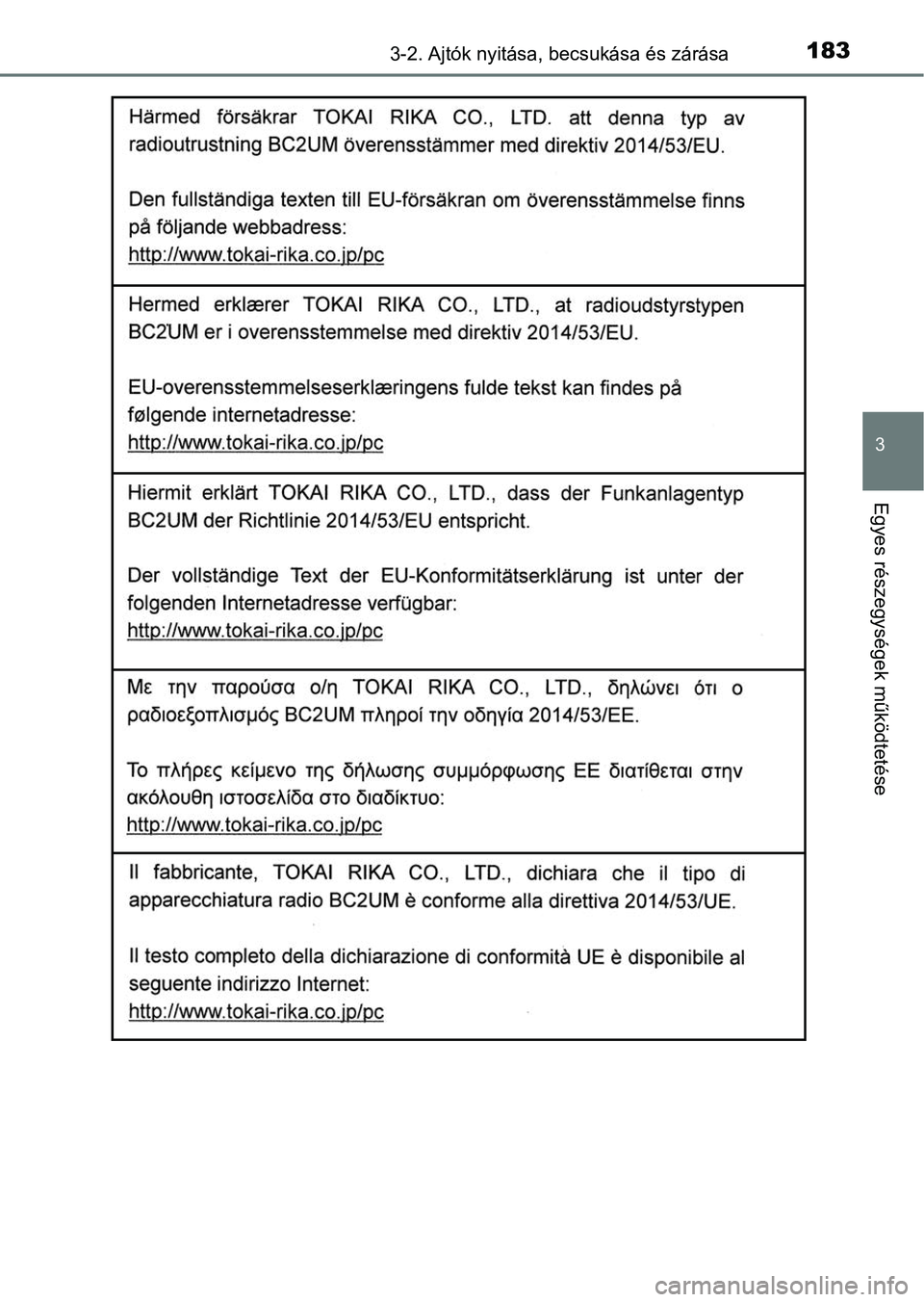 TOYOTA YARIS HATCHBACK 2019 Kezelési útmutató (in Hungarian) 1833-2. Ajtók nyitása, becsukása és zárása
3
Egyes részegységek működtetése TOYOTA YARIS HATCHBACK 2019 Kezelési útmutató (in Hungarian) 1833-2. Ajtók nyitása, becsukása és zárása
3
Egyes részegységek működtetése