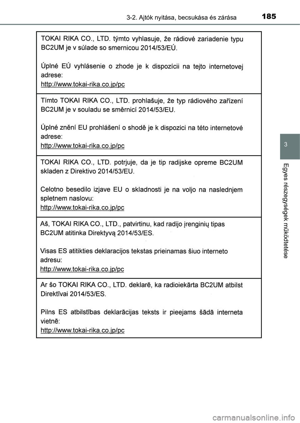 TOYOTA YARIS HATCHBACK 2019 Kezelési útmutató (in Hungarian) 1853-2. Ajtók nyitása, becsukása és zárása
3
Egyes részegységek működtetése TOYOTA YARIS HATCHBACK 2019 Kezelési útmutató (in Hungarian) 1853-2. Ajtók nyitása, becsukása és zárása
3
Egyes részegységek működtetése
