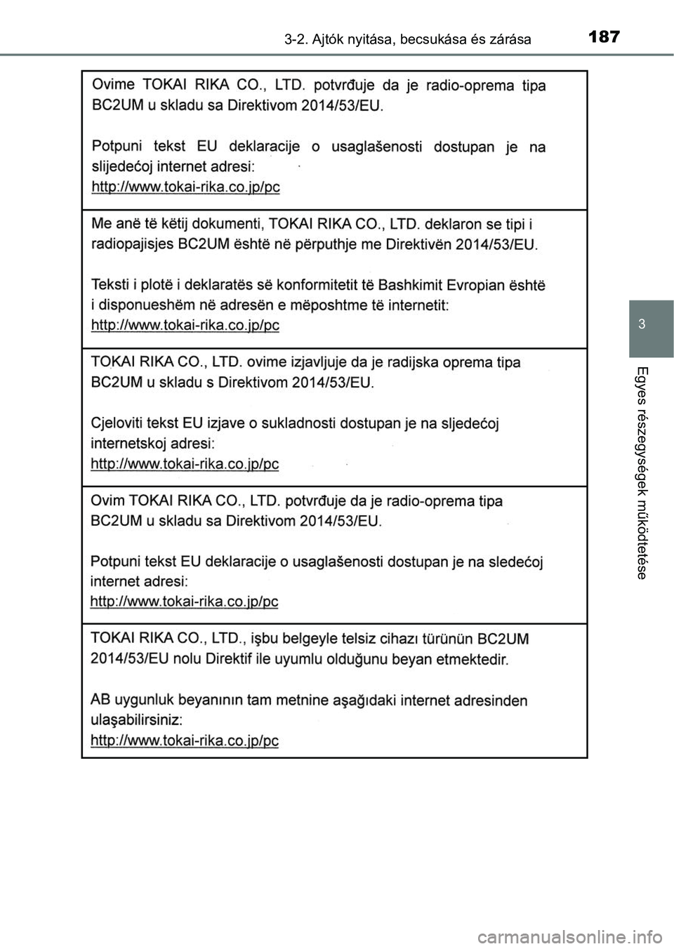 TOYOTA YARIS HATCHBACK 2019 Kezelési útmutató (in Hungarian) 1873-2. Ajtók nyitása, becsukása és zárása
3
Egyes részegységek működtetése TOYOTA YARIS HATCHBACK 2019 Kezelési útmutató (in Hungarian) 1873-2. Ajtók nyitása, becsukása és zárása
3
Egyes részegységek működtetése