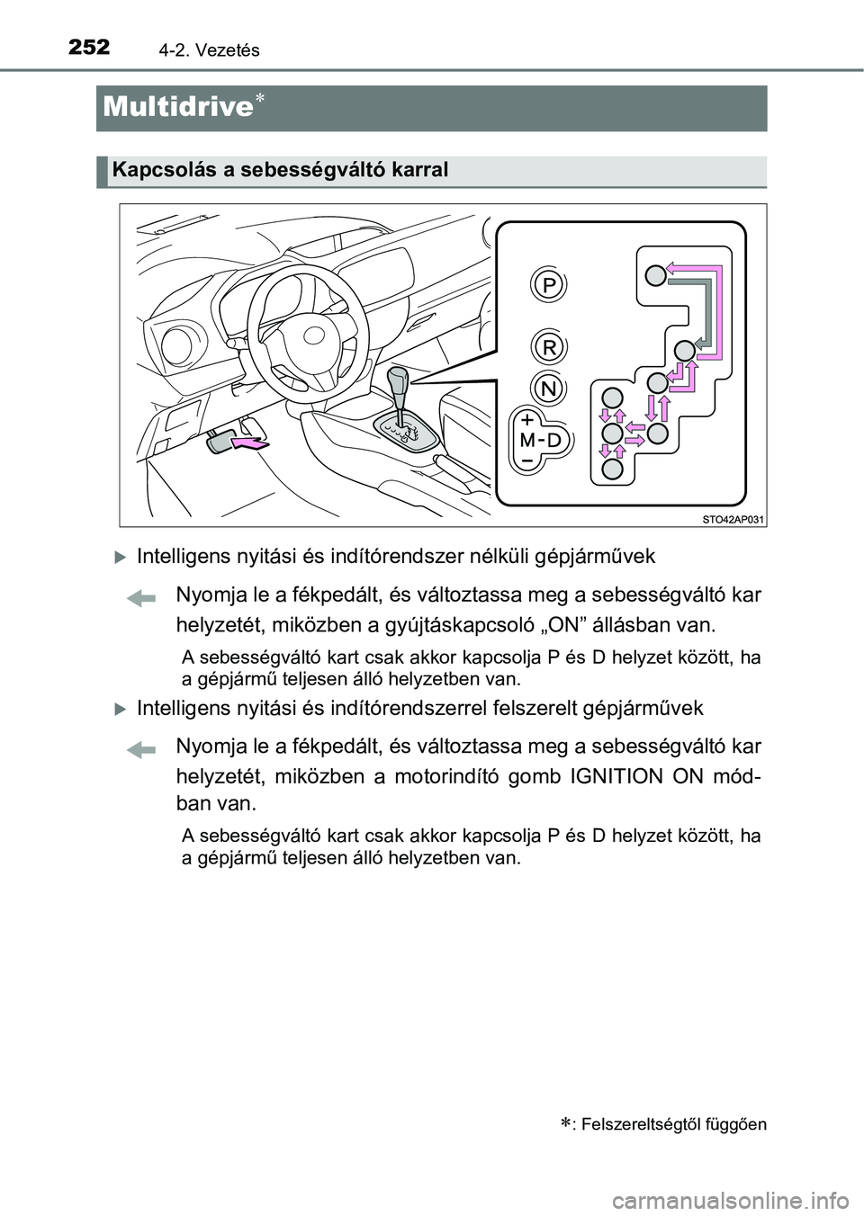 TOYOTA YARIS HATCHBACK 2019 Kezelési útmutató (in Hungarian) 2524-2. Vezetés
Multidrive
Intelligens nyitási és indítórendszer nélküli gépjárművek
Nyomja le a fékpedált, és változtassa meg a sebességváltó kar
helyzetét, miközben a gyújt TOYOTA YARIS HATCHBACK 2019 Kezelési útmutató (in Hungarian) 2524-2. Vezetés
Multidrive
Intelligens nyitási és indítórendszer nélküli gépjárművek
Nyomja le a fékpedált, és változtassa meg a sebességváltó kar
helyzetét, miközben a gyújt