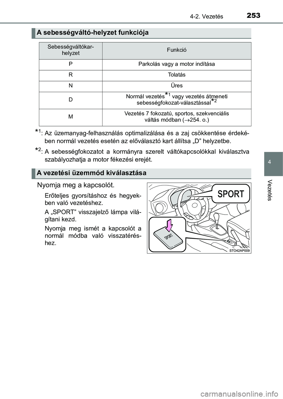 TOYOTA YARIS HATCHBACK 2019 Kezelési útmutató (in Hungarian) 2534-2. Vezetés
4
Vezetés
*1: Az üzemanyag-felhasználás optimalizálása és a zaj csökkentése érdeké-
ben normál vezetés esetén az előválasztó kart állítsa „D” helyz etbe.
TOYOTA YARIS HATCHBACK 2019 Kezelési útmutató (in Hungarian) 2534-2. Vezetés
4
Vezetés
*1: Az üzemanyag-felhasználás optimalizálása és a zaj csökkentése érdeké-
ben normál vezetés esetén az előválasztó kart állítsa „D” helyz etbe.