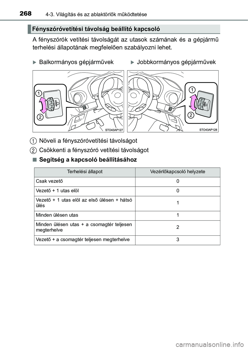 TOYOTA YARIS HATCHBACK 2019 Kezelési útmutató (in Hungarian) 2684-3. Világítás és az ablaktörlők működtetése
A fényszórók vetítési távolságát az utasok számának és a gépjár mű
terhelési állapotának megfe lelően szabályozni TOYOTA YARIS HATCHBACK 2019 Kezelési útmutató (in Hungarian) 2684-3. Világítás és az ablaktörlők működtetése
A fényszórók vetítési távolságát az utasok számának és a gépjár mű
terhelési állapotának megfe lelően szabályozni