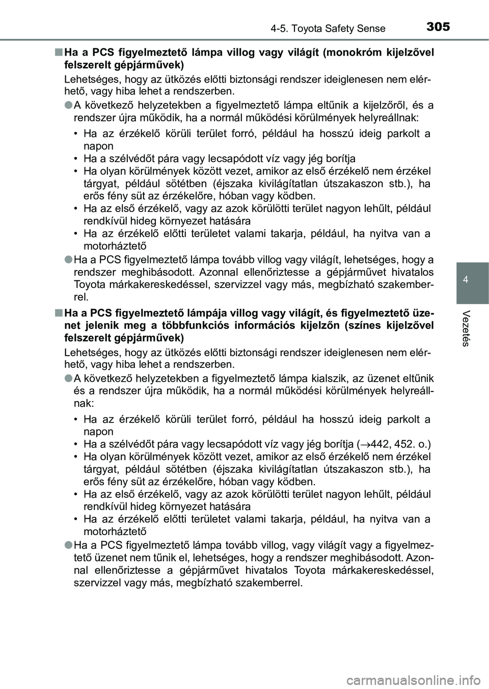 TOYOTA YARIS HATCHBACK 2019 Kezelési útmutató (in Hungarian) 3054-5. Toyota Safety Sense
4
Vezetés
nHa a PCS figyelmeztető lámpa villog vagy világít (monokróm kije lzővel
felszerelt gépjárművek)
Lehetséges, hogy az ütközés elő tti bizton TOYOTA YARIS HATCHBACK 2019 Kezelési útmutató (in Hungarian) 3054-5. Toyota Safety Sense
4
Vezetés
nHa a PCS figyelmeztető lámpa villog vagy világít (monokróm kije lzővel
felszerelt gépjárművek)
Lehetséges, hogy az ütközés elő tti bizton