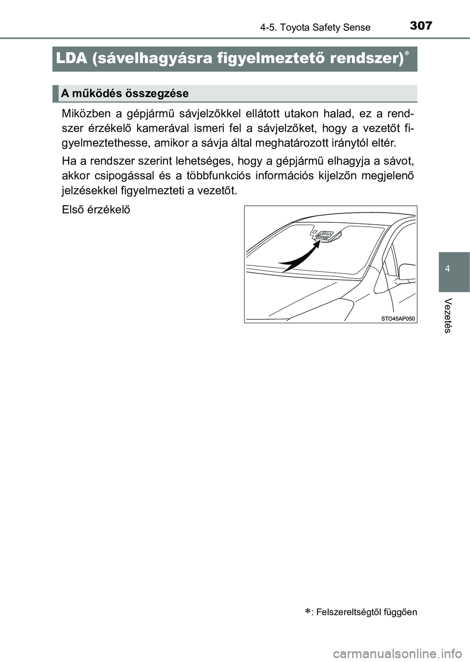 TOYOTA YARIS HATCHBACK 2019 Kezelési útmutató (in Hungarian) 307
4
4-5. Toyota Safety Sense
Vezetés
LDA (sávelhagyásra figyelmeztető rendszer)
Miközben a gépjármű sávjelzőkkel ellátott utakon halad, ez a re nd-
szer érzékelő kameráv TOYOTA YARIS HATCHBACK 2019 Kezelési útmutató (in Hungarian) 307
4
4-5. Toyota Safety Sense
Vezetés
LDA (sávelhagyásra figyelmeztető rendszer)
Miközben a gépjármű sávjelzőkkel ellátott utakon halad, ez a re nd-
szer érzékelő kameráv