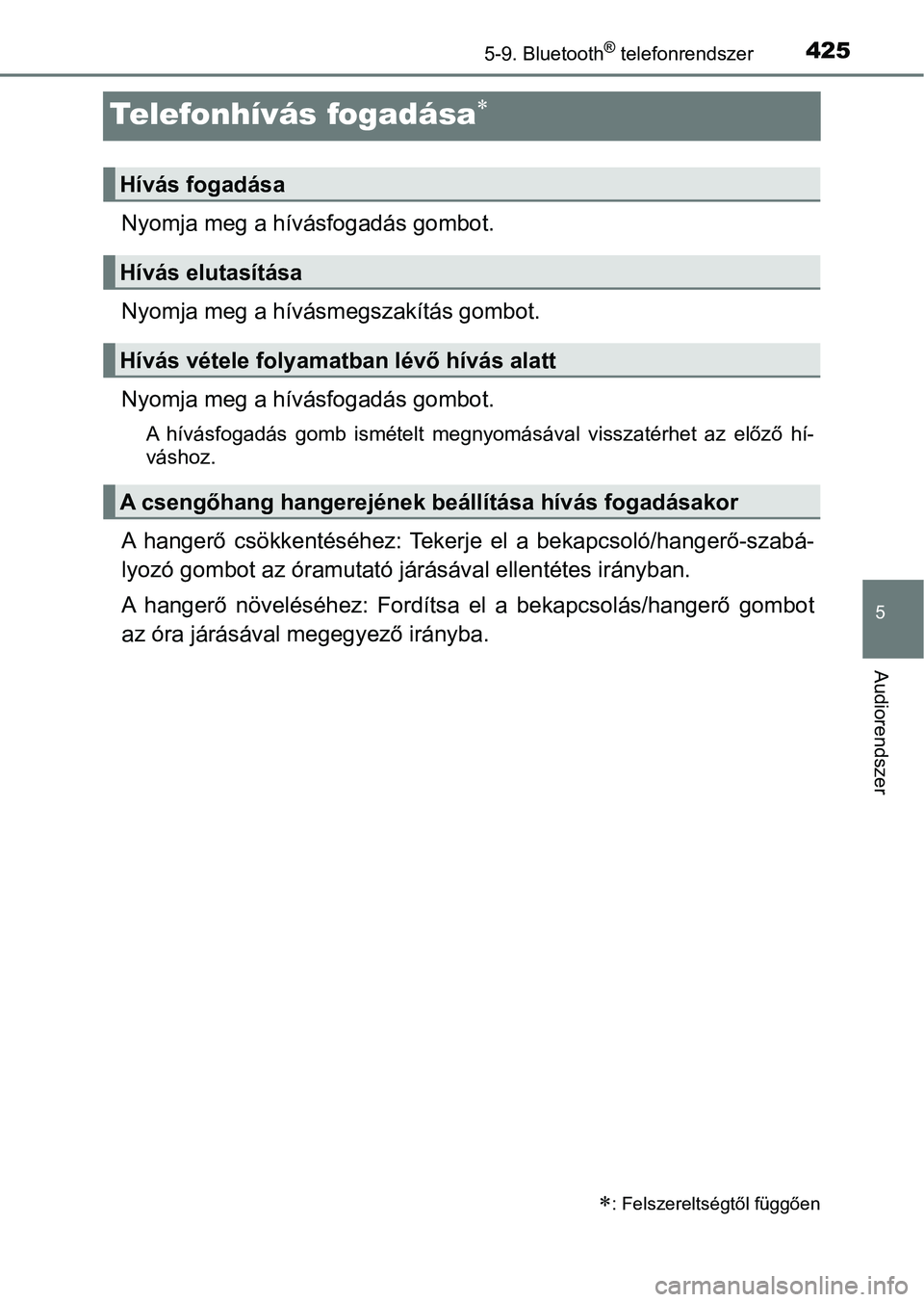 TOYOTA YARIS HATCHBACK 2019 Kezelési útmutató (in Hungarian) 4255-9. Bluetooth® telefonrendszer
5
Audiorendszer
Telefonhívás fogadása
Nyomja meg a hívásfogadás gombot.
Nyomja meg a hívásmegszakítás gombot.
Nyomja meg a hívásfogadás gombot.
A h TOYOTA YARIS HATCHBACK 2019 Kezelési útmutató (in Hungarian) 4255-9. Bluetooth® telefonrendszer
5
Audiorendszer
Telefonhívás fogadása
Nyomja meg a hívásfogadás gombot.
Nyomja meg a hívásmegszakítás gombot.
Nyomja meg a hívásfogadás gombot.
A h