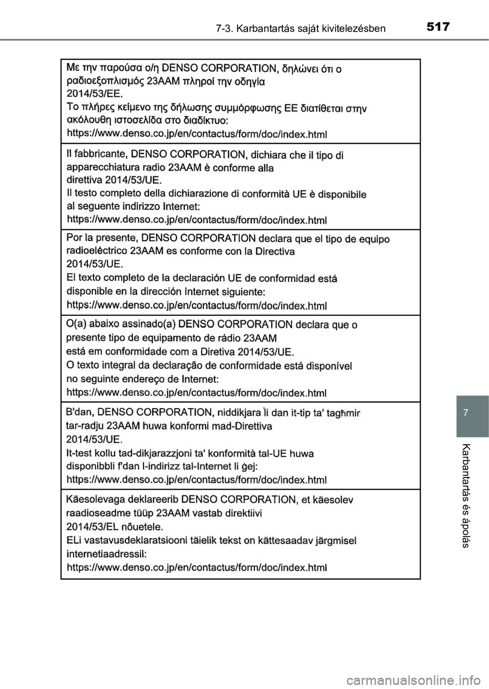 TOYOTA YARIS HATCHBACK 2019 Kezelési útmutató (in Hungarian) 5177-3. Karbantartás saját kivitelezésben
7
Karbantartás és ápolás TOYOTA YARIS HATCHBACK 2019 Kezelési útmutató (in Hungarian) 5177-3. Karbantartás saját kivitelezésben
7
Karbantartás és ápolás