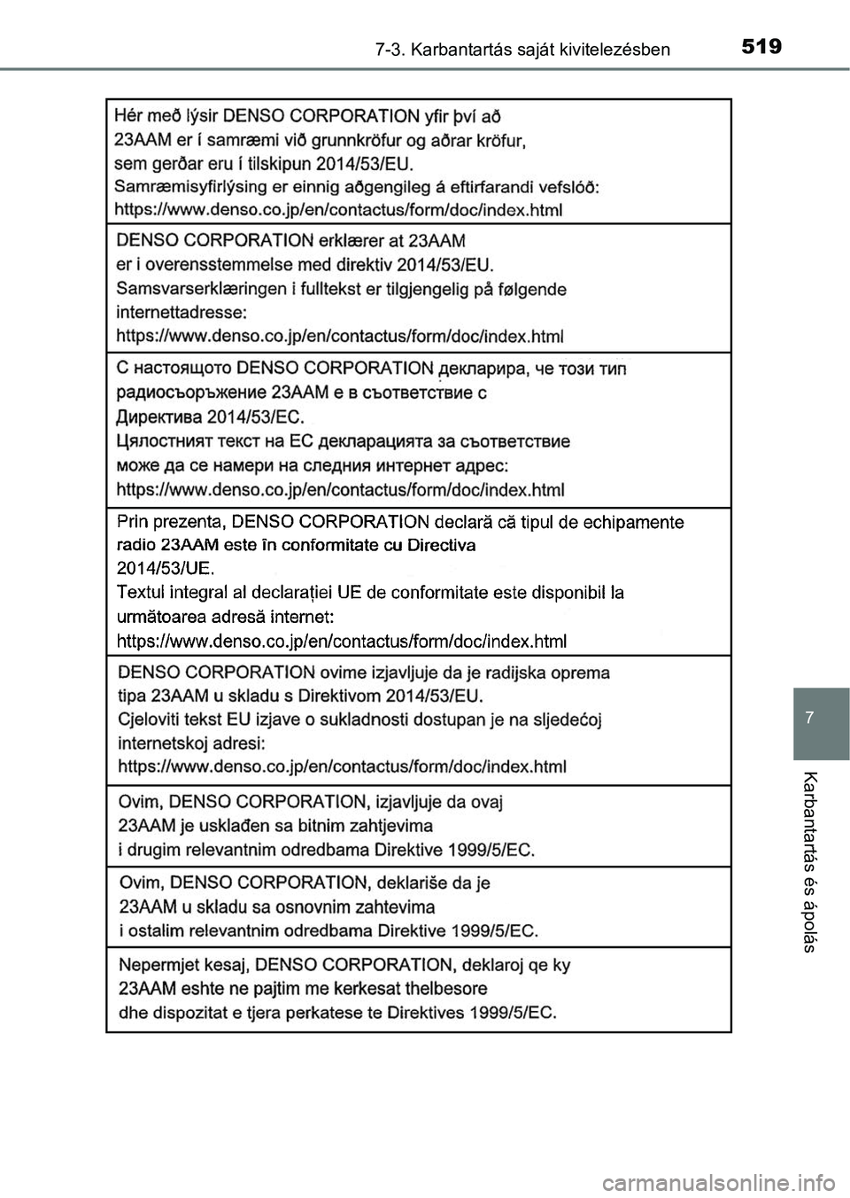 TOYOTA YARIS HATCHBACK 2019 Kezelési útmutató (in Hungarian) 5197-3. Karbantartás saját kivitelezésben
7
Karbantartás és ápolás TOYOTA YARIS HATCHBACK 2019 Kezelési útmutató (in Hungarian) 5197-3. Karbantartás saját kivitelezésben
7
Karbantartás és ápolás