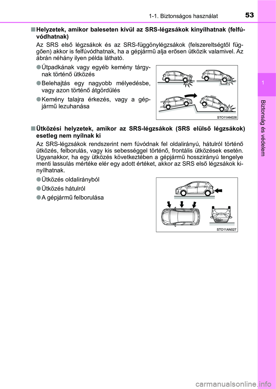 TOYOTA YARIS HATCHBACK 2019 Kezelési útmutató (in Hungarian) 531-1. Biztonságos használat
1
Biztonság és védelem
nHelyzetek, amikor baleseten kívül az SRS-légzsákok kinyílhatnak (felfú-
vódhatnak)
Az SRS első légzsákok és az SR S- TOYOTA YARIS HATCHBACK 2019 Kezelési útmutató (in Hungarian) 531-1. Biztonságos használat
1
Biztonság és védelem
nHelyzetek, amikor baleseten kívül az SRS-légzsákok kinyílhatnak (felfú-
vódhatnak)
Az SRS első légzsákok és az SR S-