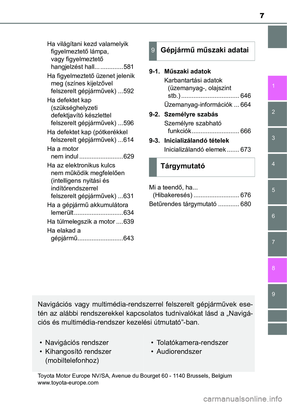 TOYOTA YARIS HATCHBACK 2019  Kezelési útmutató (in Hungarian) 7
1
7
8 6 5
4
3
2
9
Ha világítani kezd valamelyik figyelmeztető lámpa, 
vagy figyelmeztető 
hangjelzést hall... .............581
Ha figyelmeztető üzenet jelenik  meg (színes kijelzővel 
fels