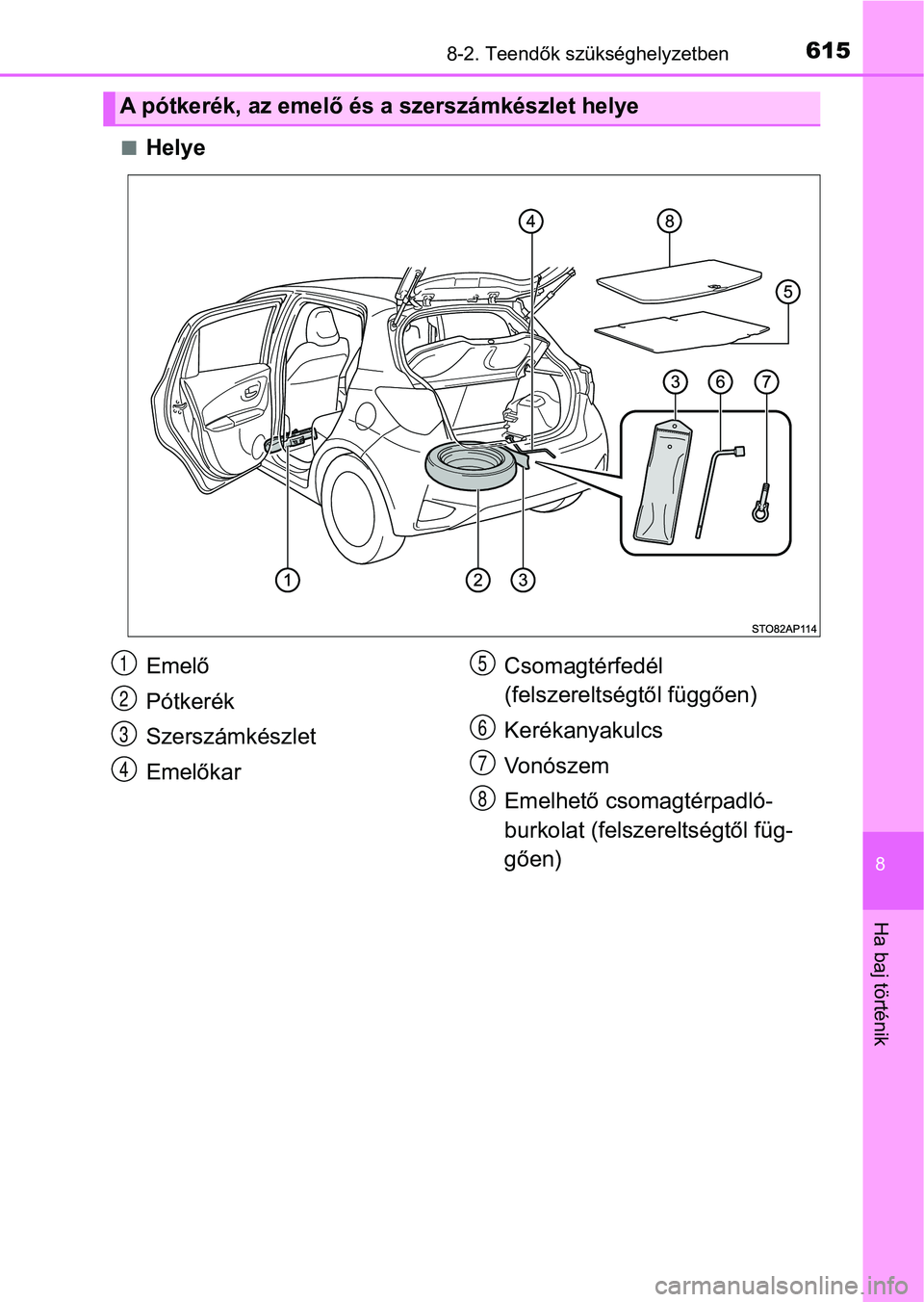 TOYOTA YARIS HATCHBACK 2019 Kezelési útmutató (in Hungarian) 6158-2. Teendők szükséghelyzetben
8
Ha baj történik
nHelye
A pótkerék, az emelő és a szerszámkészlet helye
Emelő
Pótkerék
Szerszámkészlet
EmelőkarCsomagtérfedél
(felszereltségtől TOYOTA YARIS HATCHBACK 2019 Kezelési útmutató (in Hungarian) 6158-2. Teendők szükséghelyzetben
8
Ha baj történik
nHelye
A pótkerék, az emelő és a szerszámkészlet helye
Emelő
Pótkerék
Szerszámkészlet
EmelőkarCsomagtérfedél
(felszereltségtől