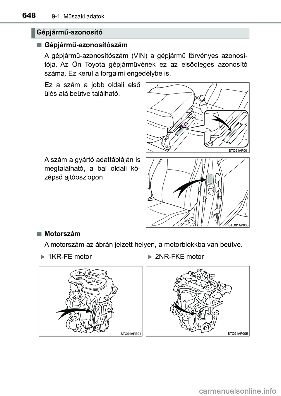 TOYOTA YARIS HATCHBACK 2019 Kezelési útmutató (in Hungarian) 6489-1. Műszaki adatok
nGépjármű-azonosítószám
A gépjármű-azonosítószám (VIN) a gépjármű törvényes azonosí-
tója. Az Ön Toyota gépjárművének ez az elsődleges az TOYOTA YARIS HATCHBACK 2019 Kezelési útmutató (in Hungarian) 6489-1. Műszaki adatok
nGépjármű-azonosítószám
A gépjármű-azonosítószám (VIN) a gépjármű törvényes azonosí-
tója. Az Ön Toyota gépjárművének ez az elsődleges az