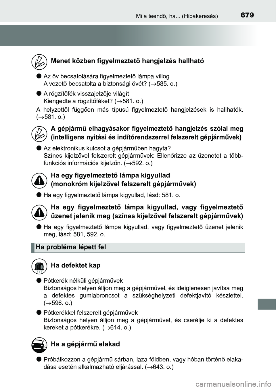 TOYOTA YARIS HATCHBACK 2019 Kezelési útmutató (in Hungarian) 679Mi a teendő, ha... (Hibakeresés)
lAz öv becsatolására figyelmeztető lámpa villog
A vezető becsatolta a biztonsági övét? (585. o.)
lA rögzítőfék visszajelzője világít
Kiengedt TOYOTA YARIS HATCHBACK 2019 Kezelési útmutató (in Hungarian) 679Mi a teendő, ha... (Hibakeresés)
lAz öv becsatolására figyelmeztető lámpa villog
A vezető becsatolta a biztonsági övét? (585. o.)
lA rögzítőfék visszajelzője világít
Kiengedt