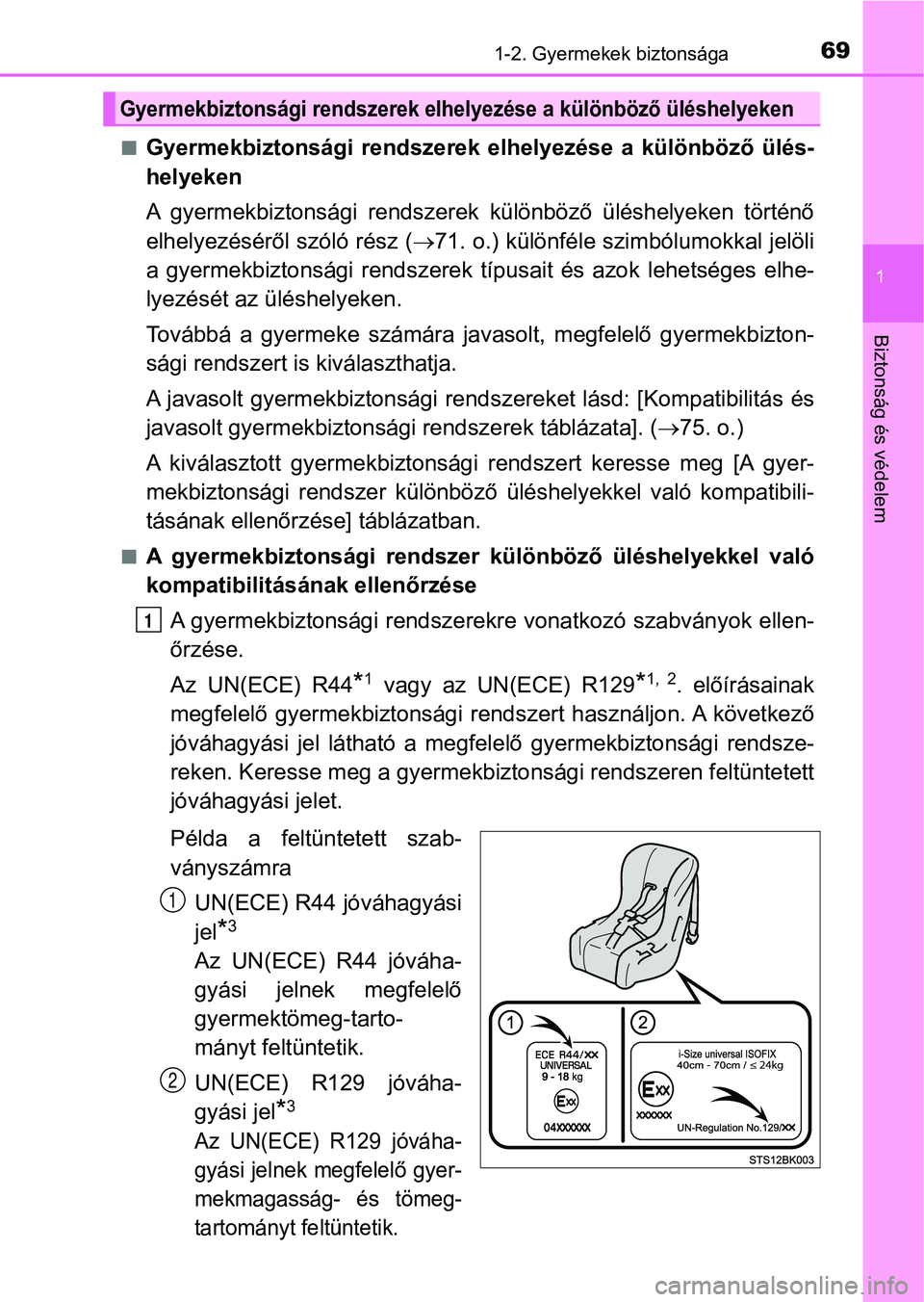 TOYOTA YARIS HATCHBACK 2019 Kezelési útmutató (in Hungarian) 691-2. Gyermekek biztonsága
1
Biztonság és védelem
nGyermekbiztonsági rendszerek elhelyezése a különböző ülés-
helyeken
A gyermekbiztonsági rendszerek k ülönböző üléshelyek TOYOTA YARIS HATCHBACK 2019 Kezelési útmutató (in Hungarian) 691-2. Gyermekek biztonsága
1
Biztonság és védelem
nGyermekbiztonsági rendszerek elhelyezése a különböző ülés-
helyeken
A gyermekbiztonsági rendszerek k ülönböző üléshelyek