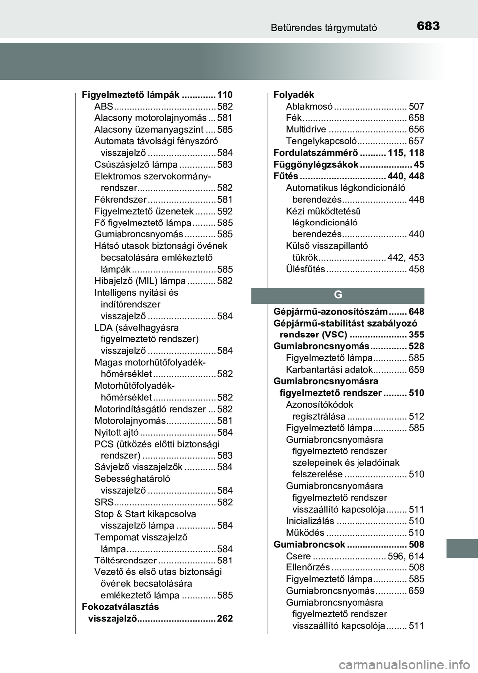 TOYOTA YARIS HATCHBACK 2019 Kezelési útmutató (in Hungarian) 683Betűrendes tárgymutató
Figyelmeztető lámpák ............. 110ABS ....................................... 582
Alacsony motorolajnyomás ... 581
Alacsony üzemanyagszint .... 585
Automata távo TOYOTA YARIS HATCHBACK 2019 Kezelési útmutató (in Hungarian) 683Betűrendes tárgymutató
Figyelmeztető lámpák ............. 110ABS ....................................... 582
Alacsony motorolajnyomás ... 581
Alacsony üzemanyagszint .... 585
Automata távo