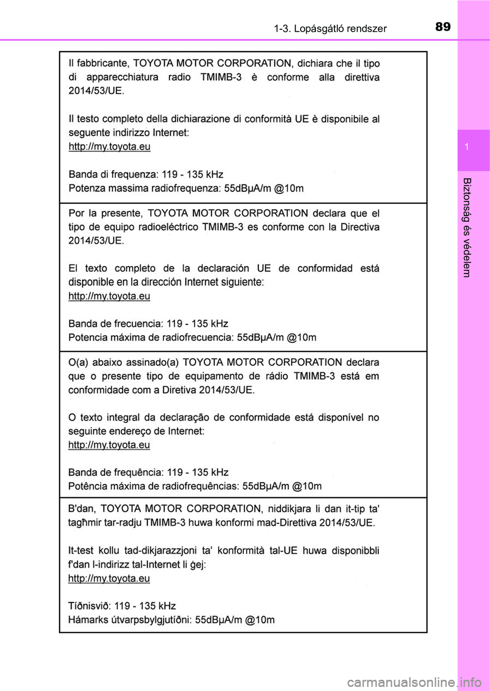 TOYOTA YARIS HATCHBACK 2019  Kezelési útmutató (in Hungarian) 891-3. Lopásgátló rendszer
1
Biztonság és védelem 