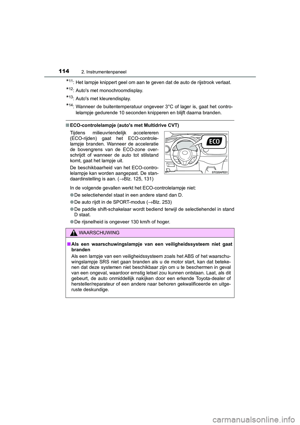 TOYOTA YARIS HATCHBACK 2019 Instructieboekje (in Dutch) 1142. Instrumentenpaneel
YARIS_F_OM_Europe_OM52A54E
*11: Het lampje knippert geel om aan te geven dat de auto de rijstrook verlaat.
*12: Auto's met monochroomdisplay.
*13: Auto's met kleurendi TOYOTA YARIS HATCHBACK 2019 Instructieboekje (in Dutch) 1142. Instrumentenpaneel
YARIS_F_OM_Europe_OM52A54E
*11: Het lampje knippert geel om aan te geven dat de auto de rijstrook verlaat.
*12: Auto's met monochroomdisplay.
*13: Auto's met kleurendi