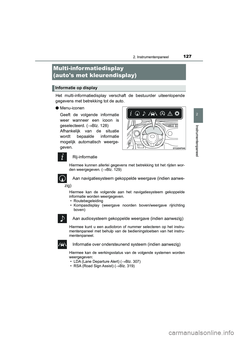 TOYOTA YARIS HATCHBACK 2019 Instructieboekje (in Dutch) 127
2
2. Instrumentenpaneel
Instrumentenpaneel
YARIS_F_OM_Europe_OM52A54E
Multi-infor matiedisplay
(autos met kleurendisplay)
Het multi-informatiedisplay verschaft de bestuurder uiteenlopende
g TOYOTA YARIS HATCHBACK 2019 Instructieboekje (in Dutch) 127
2
2. Instrumentenpaneel
Instrumentenpaneel
YARIS_F_OM_Europe_OM52A54E
Multi-infor matiedisplay
(autos met kleurendisplay)
Het multi-informatiedisplay verschaft de bestuurder uiteenlopende
g