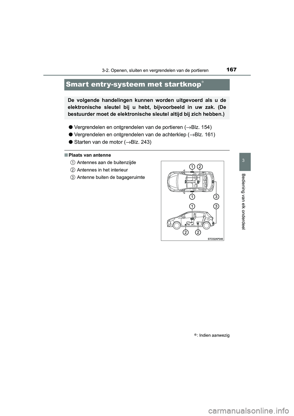 TOYOTA YARIS HATCHBACK 2019  Instructieboekje (in Dutch) 167
3
3-2. Openen, sluiten en vergrendelen van de portieren
Bediening van elk onderdeel
YARIS_F_OM_Europe_OM52A54E
Smart entr y-systeem met startknop∗
●Vergrendelen en ontgrendelen van de portiere