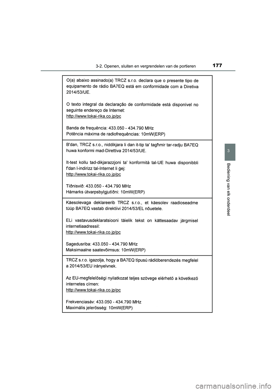 TOYOTA YARIS HATCHBACK 2019  Instructieboekje (in Dutch) 1773-2. Openen, sluiten en vergrendelen van de portieren
3
Bediening van elk onderdeel
YARIS_F_OM_Europe_OM52A54E
YARIS_F_OM_Europe_OM52A54E.book  Page 177  Friday, February 8, 2019  1:56 PM  TOYOTA YARIS HATCHBACK 2019  Instructieboekje (in Dutch) 1773-2. Openen, sluiten en vergrendelen van de portieren
3
Bediening van elk onderdeel
YARIS_F_OM_Europe_OM52A54E
YARIS_F_OM_Europe_OM52A54E.book  Page 177  Friday, February 8, 2019  1:56 PM