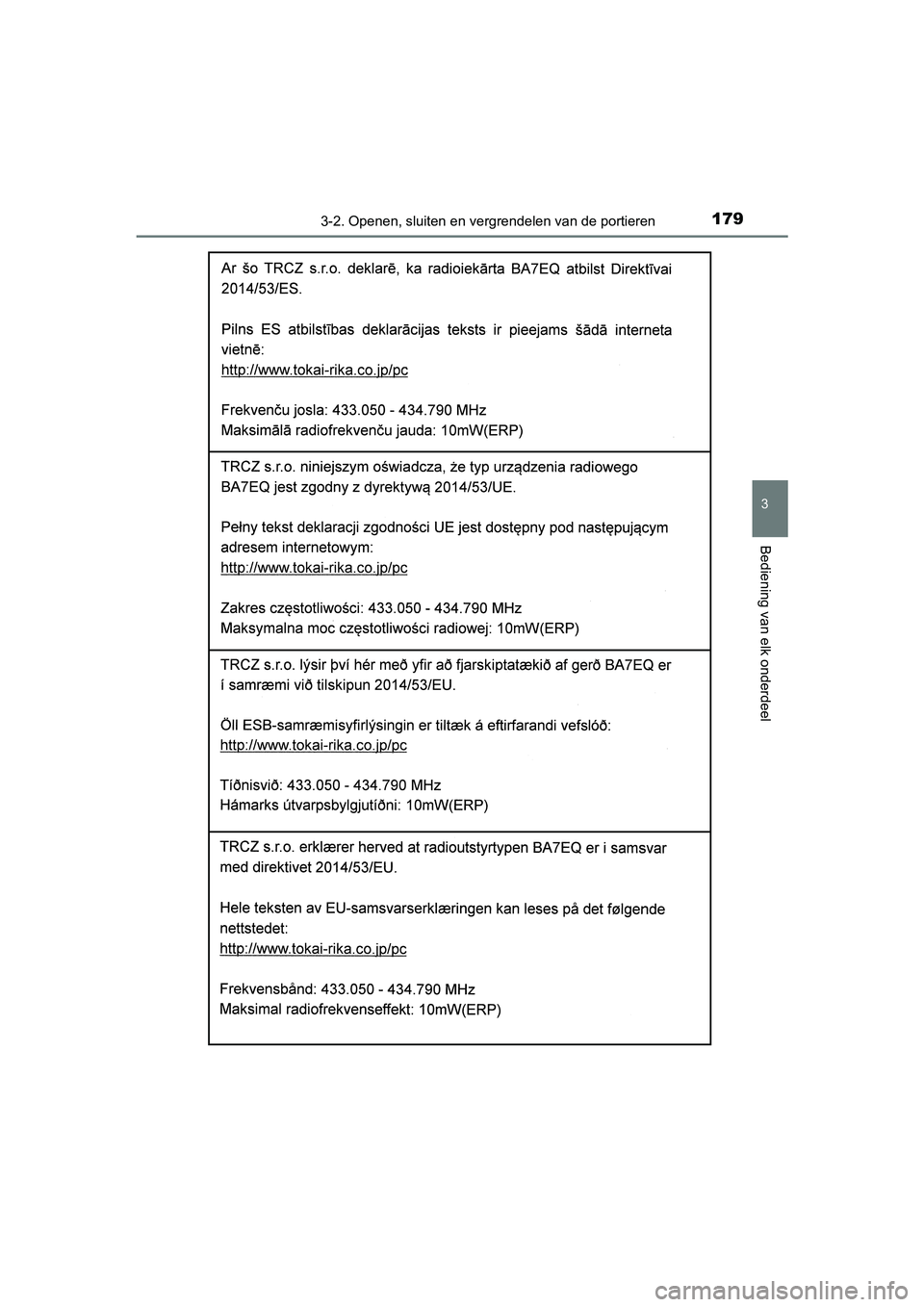 TOYOTA YARIS HATCHBACK 2019  Instructieboekje (in Dutch) 1793-2. Openen, sluiten en vergrendelen van de portieren
3
Bediening van elk onderdeel
YARIS_F_OM_Europe_OM52A54E
YARIS_F_OM_Europe_OM52A54E.book  Page 179  Friday, February 8, 2019  1:56 PM  TOYOTA YARIS HATCHBACK 2019  Instructieboekje (in Dutch) 1793-2. Openen, sluiten en vergrendelen van de portieren
3
Bediening van elk onderdeel
YARIS_F_OM_Europe_OM52A54E
YARIS_F_OM_Europe_OM52A54E.book  Page 179  Friday, February 8, 2019  1:56 PM