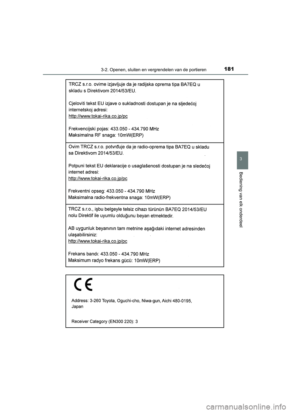 TOYOTA YARIS HATCHBACK 2019  Instructieboekje (in Dutch) 1813-2. Openen, sluiten en vergrendelen van de portieren
3
Bediening van elk onderdeel
YARIS_F_OM_Europe_OM52A54E
YARIS_F_OM_Europe_OM52A54E.book  Page 181  Friday, February 8, 2019  1:56 PM 