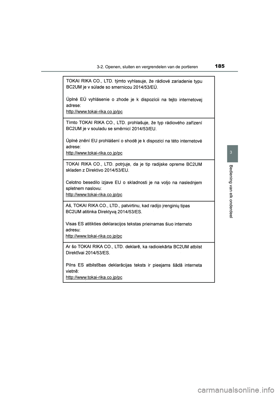 TOYOTA YARIS HATCHBACK 2019  Instructieboekje (in Dutch) 1853-2. Openen, sluiten en vergrendelen van de portieren
3
Bediening van elk onderdeel
YARIS_F_OM_Europe_OM52A54E
YARIS_F_OM_Europe_OM52A54E.book  Page 185  Friday, February 8, 2019  1:56 PM 