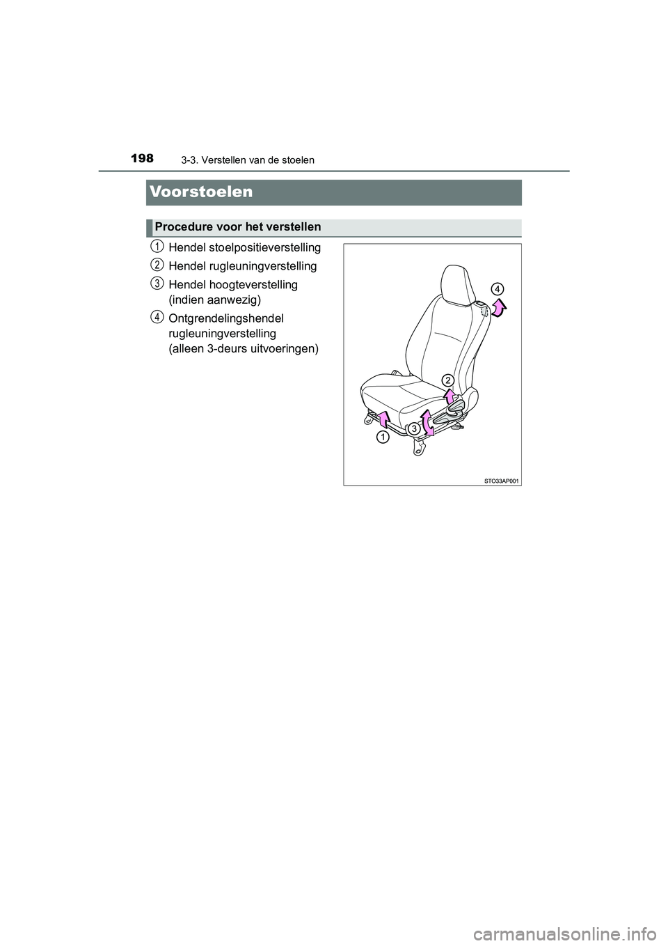 TOYOTA YARIS HATCHBACK 2019  Instructieboekje (in Dutch) 1983-3. Verstellen van de stoelen
YARIS_F_OM_Europe_OM52A54E
Voorstoelen
Hendel stoelpositieverstelling
Hendel rugleuningverstelling
Hendel hoogteverstelling
 
(indien aanwezig)
Ontgrendelingshendel 
