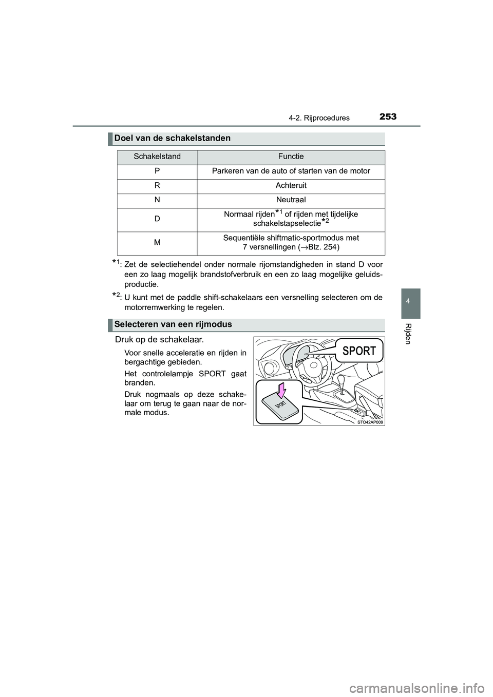 TOYOTA YARIS HATCHBACK 2019  Instructieboekje (in Dutch) 2534-2. Rijprocedures
4
Rijden
YARIS_F_OM_Europe_OM52A54E
*1: Zet  de  selectiehendel  onder  normale  rijomstandigheden  in  stand D voor
een  zo  laag  mogelijk  brandstofverbruik  en  een  zo  laag