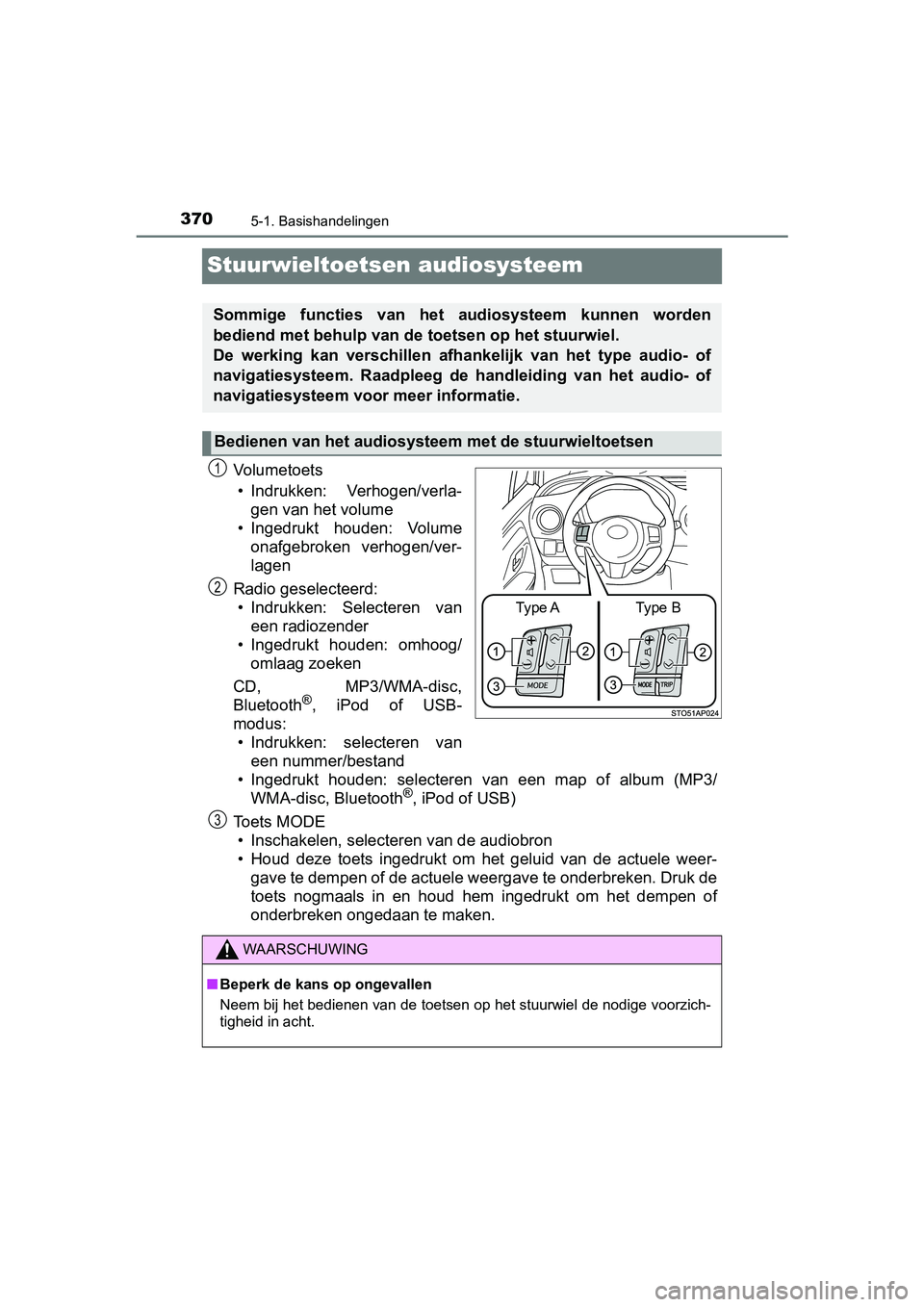 TOYOTA YARIS HATCHBACK 2019 Instructieboekje (in Dutch) 3705-1. Basishandelingen
YARIS_F_OM_Europe_OM52A54E
Stuurwieltoetsen audiosysteem
Vo l u m e t o e t s
• Indrukken: Verhogen/verla-
gen van het volume
• Ingedrukt houden: Volume
onafgebroken v TOYOTA YARIS HATCHBACK 2019 Instructieboekje (in Dutch) 3705-1. Basishandelingen
YARIS_F_OM_Europe_OM52A54E
Stuurwieltoetsen audiosysteem
Vo l u m e t o e t s
• Indrukken: Verhogen/verla-
gen van het volume
• Ingedrukt houden: Volume
onafgebroken v