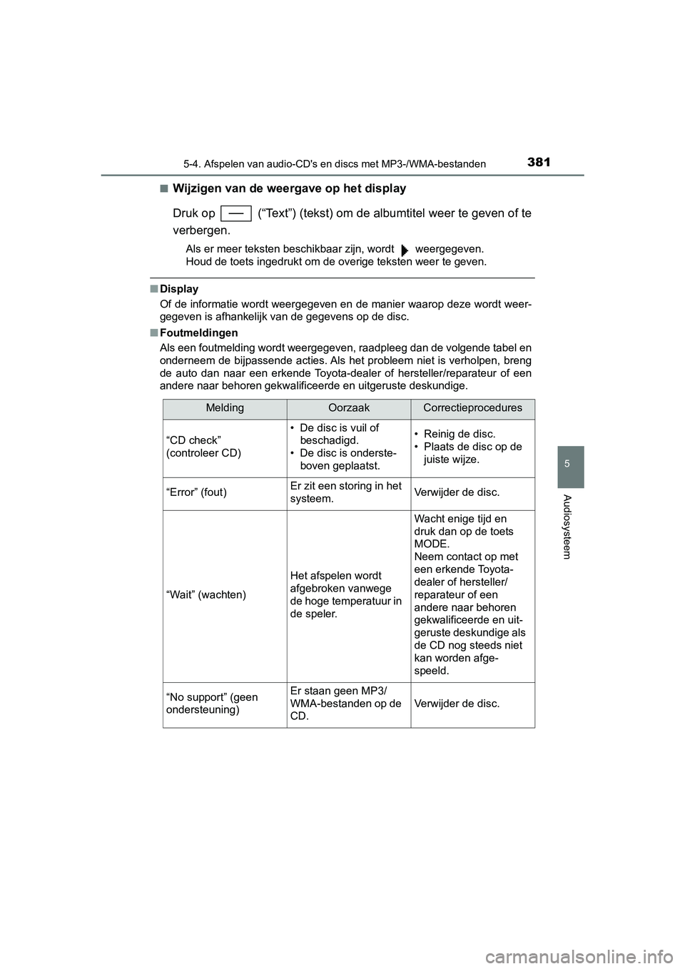 TOYOTA YARIS HATCHBACK 2019 Instructieboekje (in Dutch) 3815-4. Afspelen van audio-CD's en discs met MP3-/WMA-bestanden
5
Audiosysteem
YARIS_F_OM_Europe_OM52A54E■
Wijzigen van de weergave op het display
Druk op (“Text”) (tekst) om de albumtitel TOYOTA YARIS HATCHBACK 2019 Instructieboekje (in Dutch) 3815-4. Afspelen van audio-CD's en discs met MP3-/WMA-bestanden
5
Audiosysteem
YARIS_F_OM_Europe_OM52A54E■
Wijzigen van de weergave op het display
Druk op (“Text”) (tekst) om de albumtitel