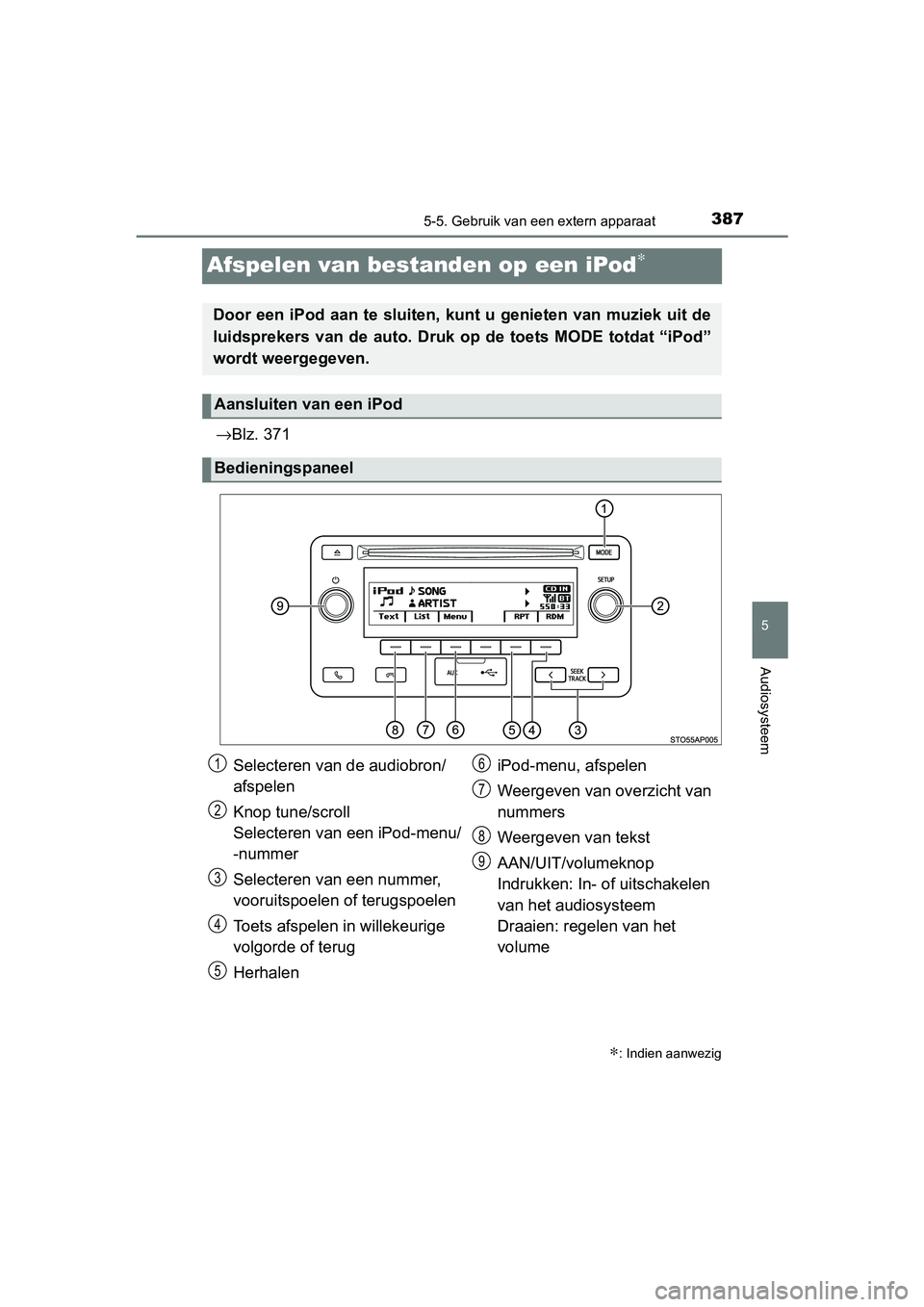 TOYOTA YARIS HATCHBACK 2019 Instructieboekje (in Dutch) 387
5
5-5. Gebruik van een extern apparaat
Audiosysteem
YARIS_F_OM_Europe_OM52A54E
Afspelen van bestanden op een iPod∗
→Blz. 371
∗: Indien aanwezig
Door een iPod aan te sluiten, kunt u genieten TOYOTA YARIS HATCHBACK 2019 Instructieboekje (in Dutch) 387
5
5-5. Gebruik van een extern apparaat
Audiosysteem
YARIS_F_OM_Europe_OM52A54E
Afspelen van bestanden op een iPod∗
→Blz. 371
∗: Indien aanwezig
Door een iPod aan te sluiten, kunt u genieten