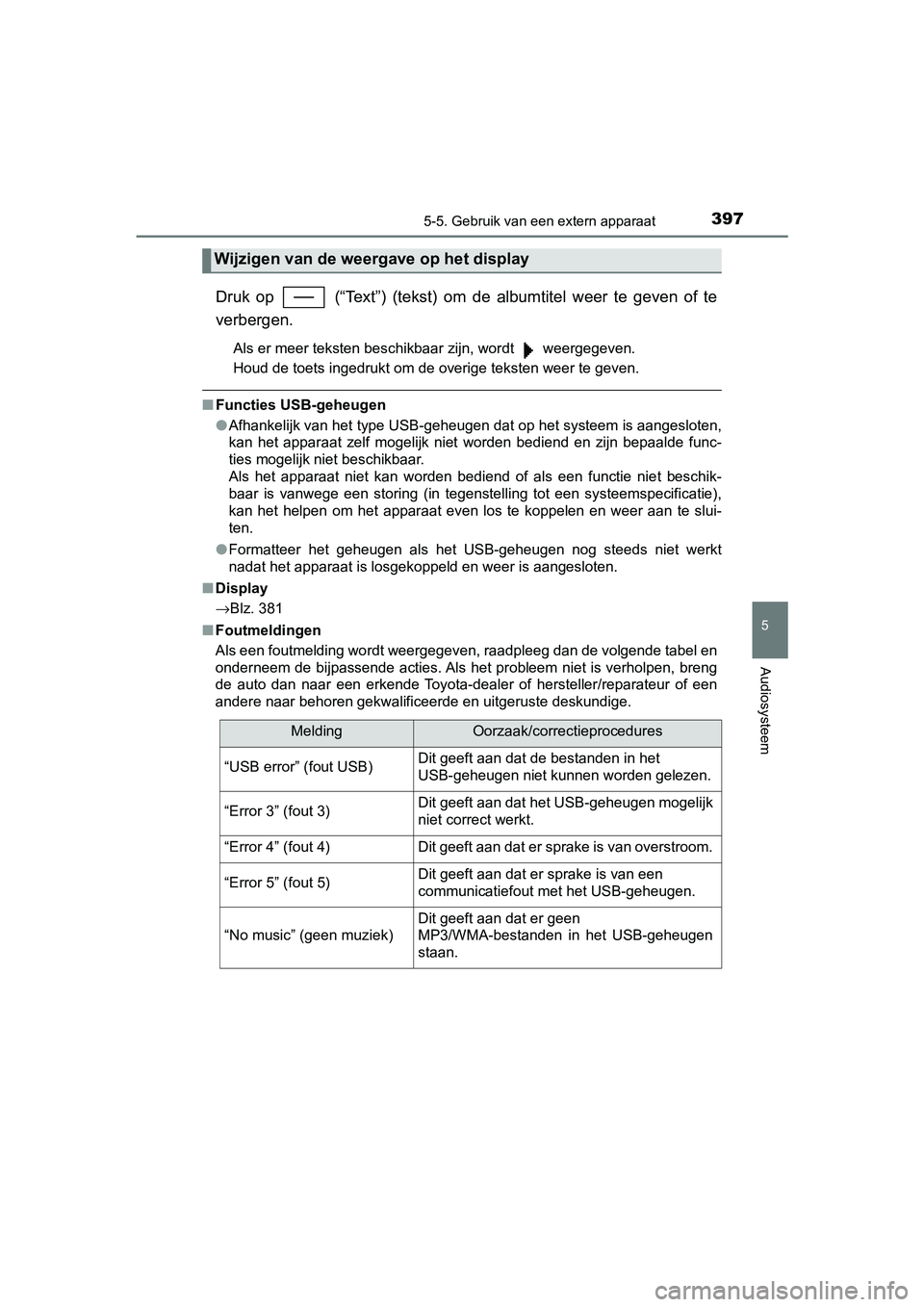TOYOTA YARIS HATCHBACK 2019 Instructieboekje (in Dutch) 3975-5. Gebruik van een extern apparaat
5
Audiosysteem
YARIS_F_OM_Europe_OM52A54E
Druk op (“Text”) (tekst) om de albumtitel weer te geven of te
verbergen.
Als er meer teksten beschikba TOYOTA YARIS HATCHBACK 2019 Instructieboekje (in Dutch) 3975-5. Gebruik van een extern apparaat
5
Audiosysteem
YARIS_F_OM_Europe_OM52A54E
Druk op (“Text”) (tekst) om de albumtitel weer te geven of te
verbergen.
Als er meer teksten beschikba