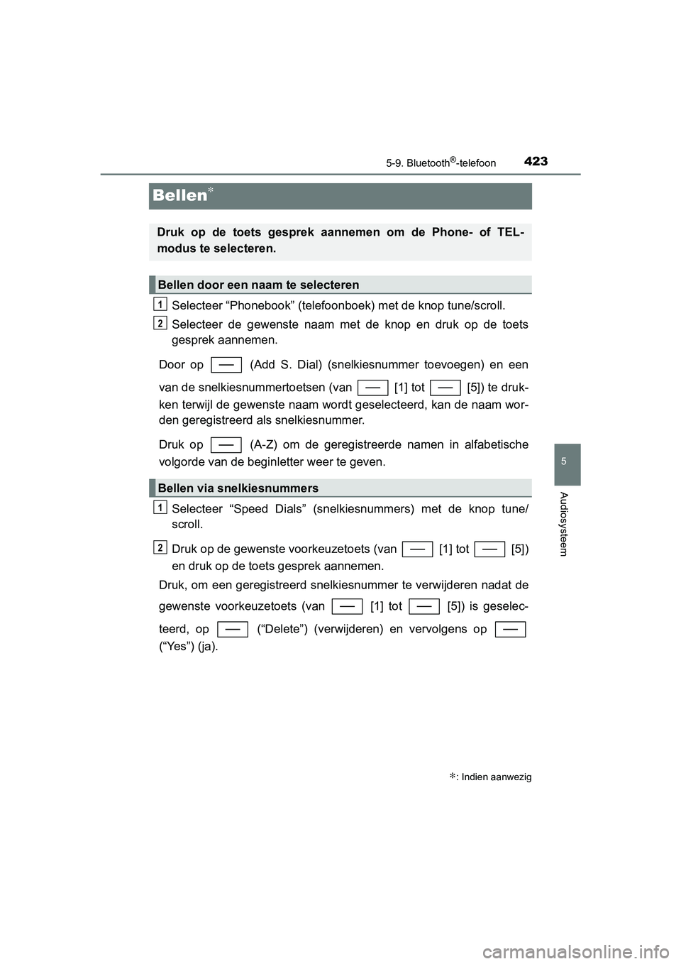 TOYOTA YARIS HATCHBACK 2019 Instructieboekje (in Dutch) 4235-9. Bluetooth®-telefoon
5
Audiosysteem
YARIS_F_OM_Europe_OM52A54E
Bellen∗
Selecteer “Phonebook” (telefoonboek) met de knop tune/scroll.
Selecteer de gewenste naam met de knop en dru TOYOTA YARIS HATCHBACK 2019 Instructieboekje (in Dutch) 4235-9. Bluetooth®-telefoon
5
Audiosysteem
YARIS_F_OM_Europe_OM52A54E
Bellen∗
Selecteer “Phonebook” (telefoonboek) met de knop tune/scroll.
Selecteer de gewenste naam met de knop en dru