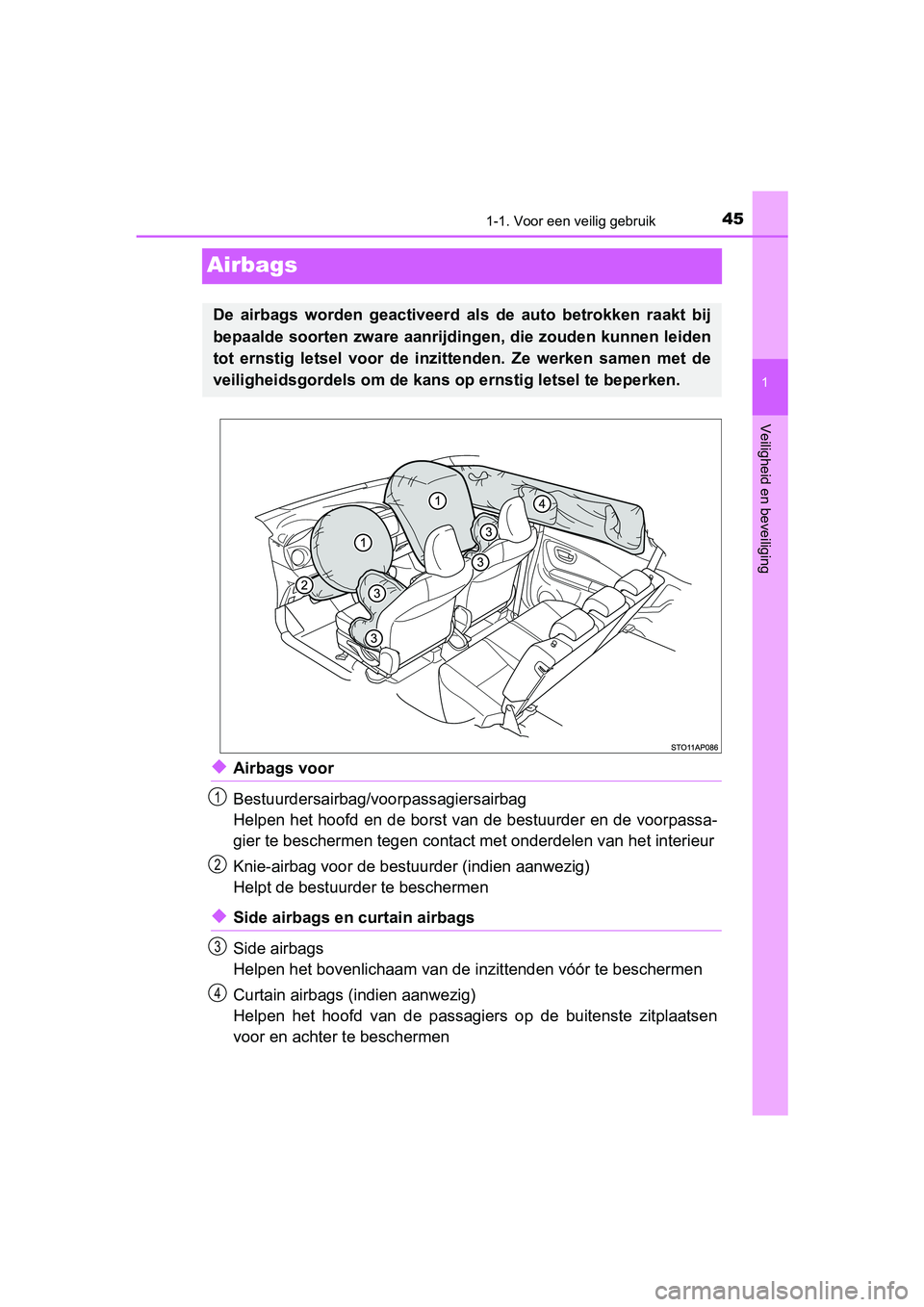 TOYOTA YARIS HATCHBACK 2019  Instructieboekje (in Dutch) 451-1. Voor een veilig gebruik
1
Veiligheid en beveiliging
YARIS_F_OM_Europe_OM52A54E
Airbags
◆Airbags voor
Bestuurdersairbag/voorpassagiersairbag
Helpen het hoofd en de borst van de bestuurder en d