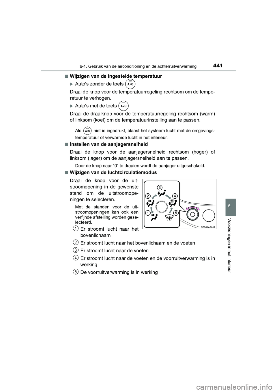 TOYOTA YARIS HATCHBACK 2019 Instructieboekje (in Dutch) 4416-1. Gebruik van de airconditioning en de achterruitverwarming
6
Voorzieningen in het interieur
YARIS_F_OM_Europe_OM52A54E■
Wijzigen van de ingestelde temperatuur
Auto's zonder de toets
D TOYOTA YARIS HATCHBACK 2019 Instructieboekje (in Dutch) 4416-1. Gebruik van de airconditioning en de achterruitverwarming
6
Voorzieningen in het interieur
YARIS_F_OM_Europe_OM52A54E■
Wijzigen van de ingestelde temperatuur
Auto's zonder de toets
D