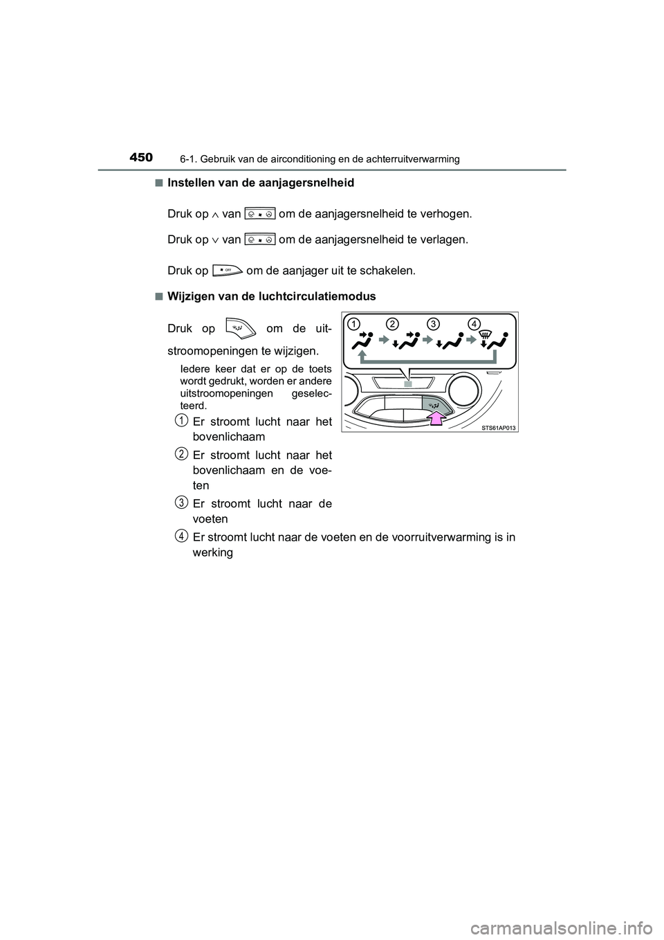 TOYOTA YARIS HATCHBACK 2019 Instructieboekje (in Dutch) 4506-1. Gebruik van de airconditioning en de achterruitverwarming
YARIS_F_OM_Europe_OM52A54E■
Instellen van de aanjagersnelheid
Druk op ∧ van om de aanjagersnelheid te verhogen.
Druk op ∨ van TOYOTA YARIS HATCHBACK 2019 Instructieboekje (in Dutch) 4506-1. Gebruik van de airconditioning en de achterruitverwarming
YARIS_F_OM_Europe_OM52A54E■
Instellen van de aanjagersnelheid
Druk op ∧ van om de aanjagersnelheid te verhogen.
Druk op ∨ van