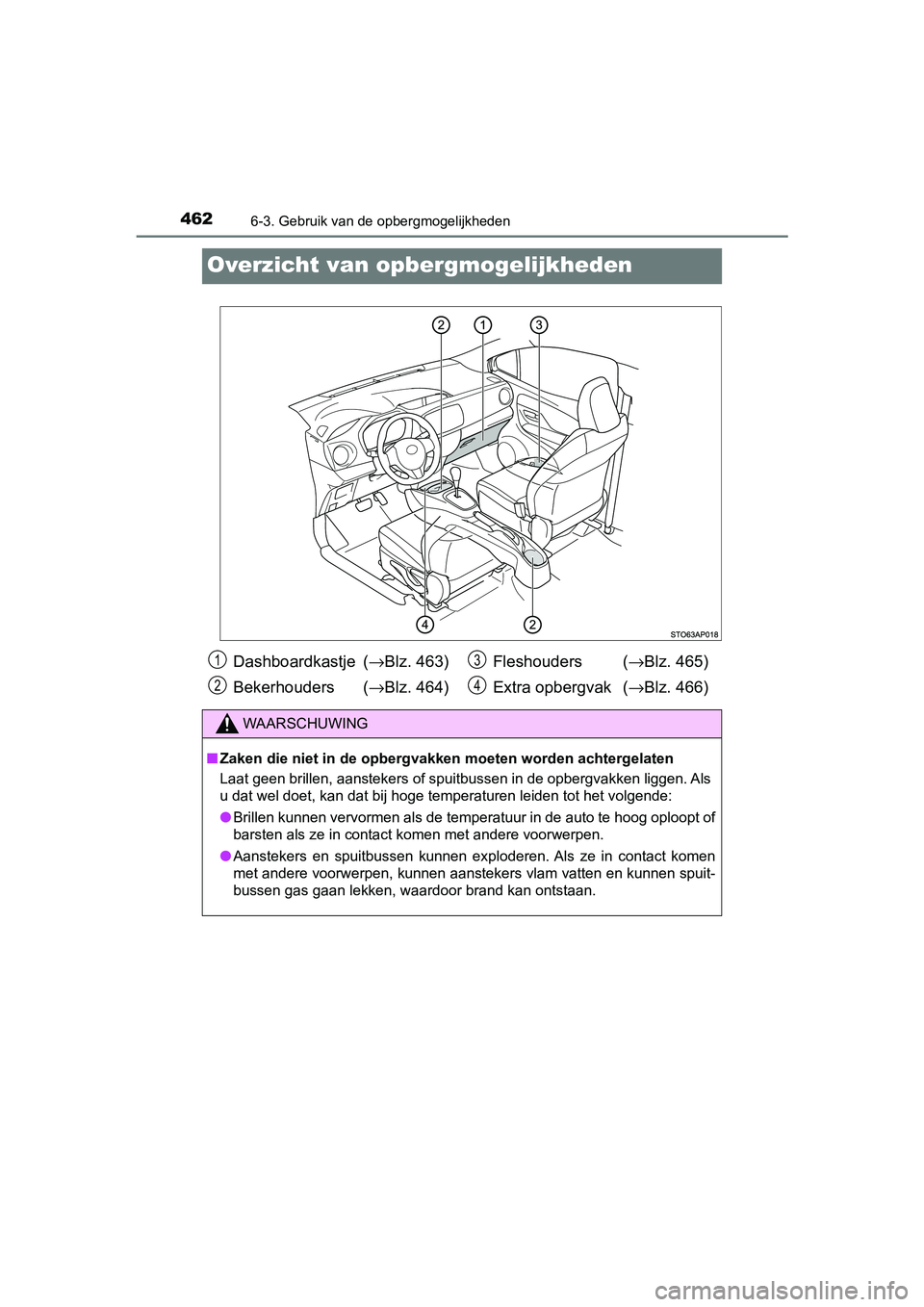 TOYOTA YARIS HATCHBACK 2019 Instructieboekje (in Dutch) 4626-3. Gebruik van de opbergmogelijkheden
YARIS_F_OM_Europe_OM52A54E
Overzicht van opbergmogelijkheden
Dashboardkastje (→Blz. 463)
Bekerhouders (→Blz. 464)Fleshouders (→Blz. 465)
Extra opberg TOYOTA YARIS HATCHBACK 2019 Instructieboekje (in Dutch) 4626-3. Gebruik van de opbergmogelijkheden
YARIS_F_OM_Europe_OM52A54E
Overzicht van opbergmogelijkheden
Dashboardkastje (→Blz. 463)
Bekerhouders (→Blz. 464)Fleshouders (→Blz. 465)
Extra opberg