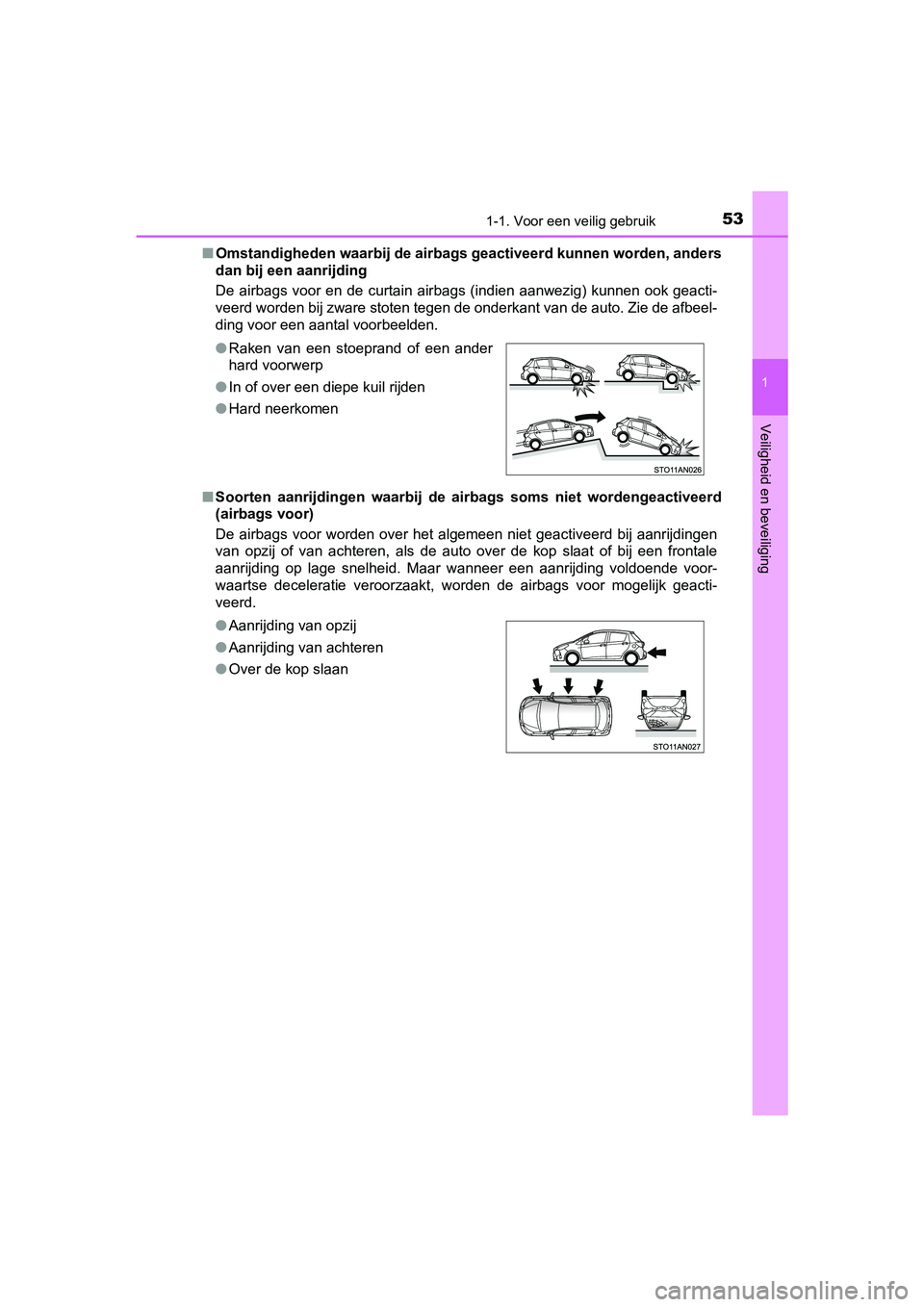 TOYOTA YARIS HATCHBACK 2019  Instructieboekje (in Dutch) 531-1. Voor een veilig gebruik
1
Veiligheid en beveiliging
YARIS_F_OM_Europe_OM52A54E■Omstandigheden waarbij de airbags geactiveerd kunnen worden, anders
dan bij een aanrijding 
De  airbags voor  en
