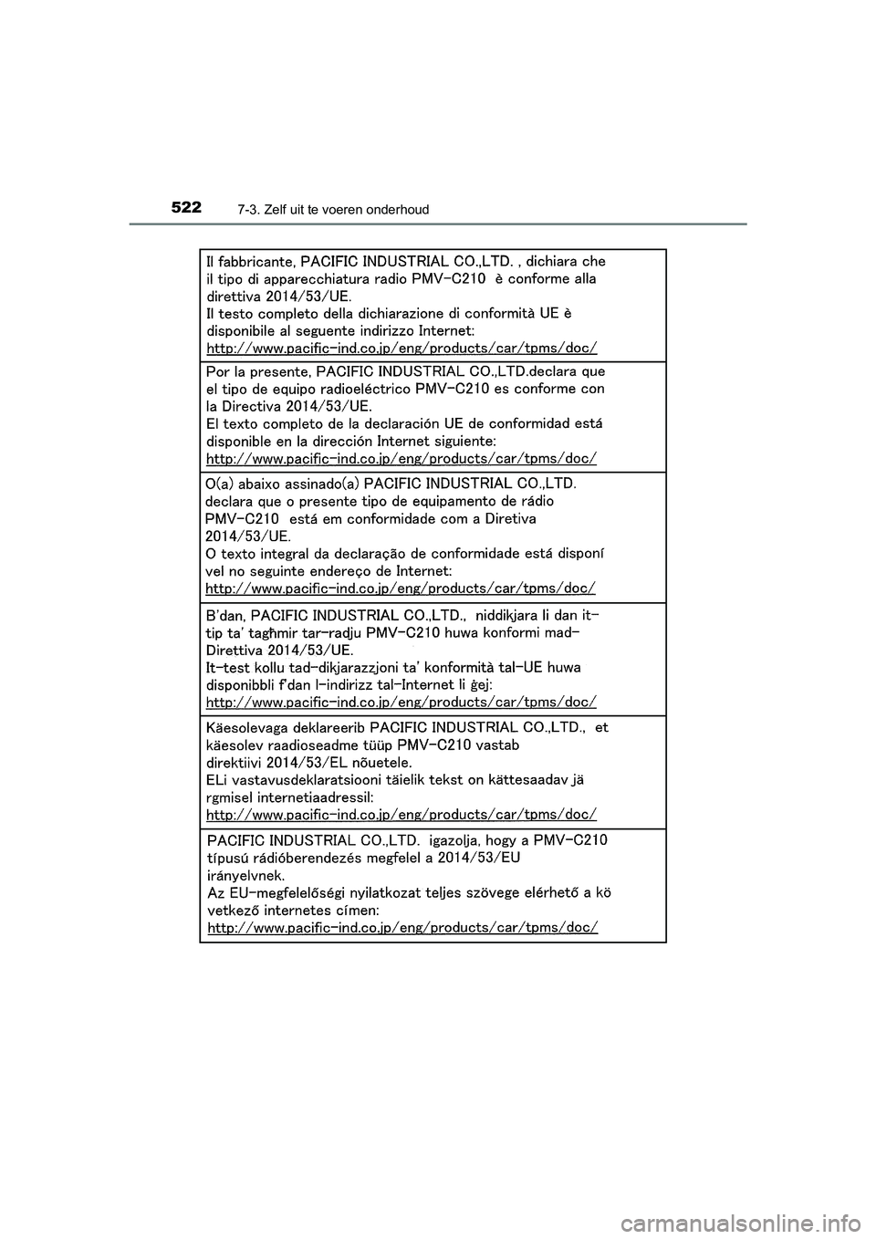 TOYOTA YARIS HATCHBACK 2019  Instructieboekje (in Dutch) 5227-3. Zelf uit te voeren onderhoud
YARIS_F_OM_Europe_OM52A54E
YARIS_F_OM_Europe_OM52A54E.book  Page 522  Friday, February 8, 2019  1:56 PM  TOYOTA YARIS HATCHBACK 2019  Instructieboekje (in Dutch) 5227-3. Zelf uit te voeren onderhoud
YARIS_F_OM_Europe_OM52A54E
YARIS_F_OM_Europe_OM52A54E.book  Page 522  Friday, February 8, 2019  1:56 PM