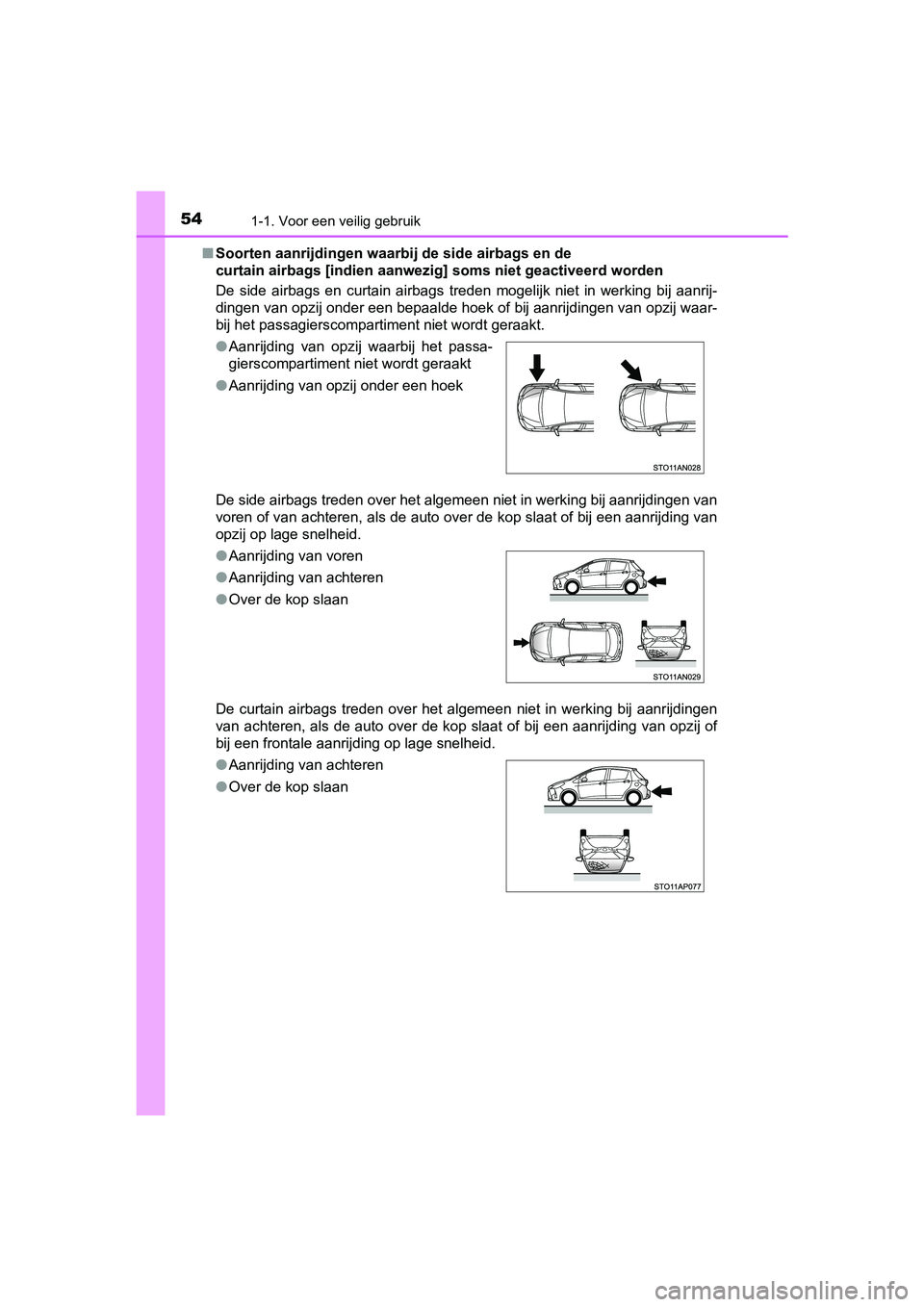 TOYOTA YARIS HATCHBACK 2019  Instructieboekje (in Dutch) 541-1. Voor een veilig gebruik
YARIS_F_OM_Europe_OM52A54E■Soorten aanrijdingen waarbij de side airbags en de 
curtain airbags [indien aanwezig] soms niet geactiveerd worden
De  side  airbags  en  cu