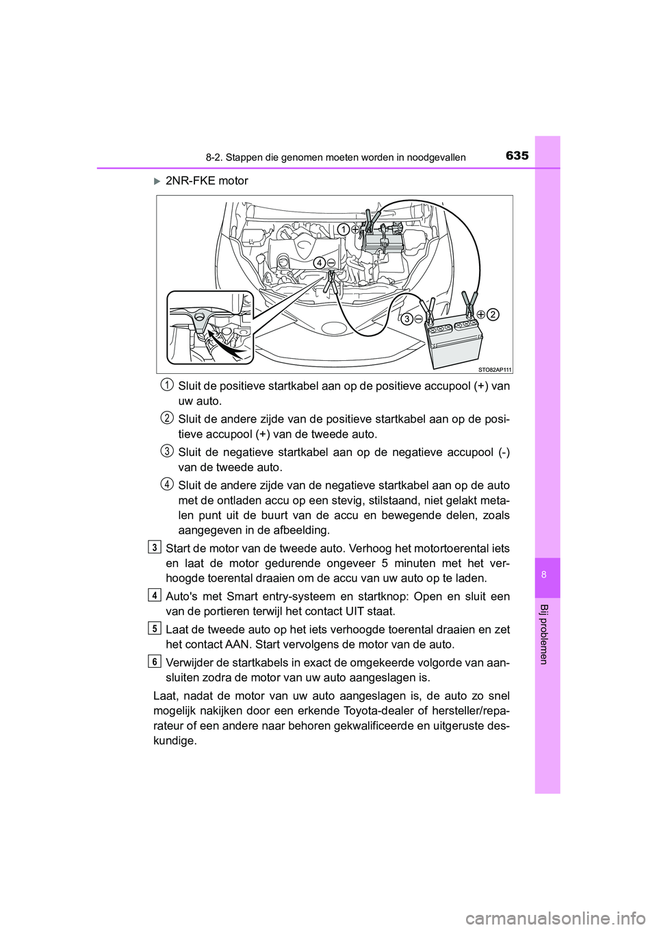 TOYOTA YARIS HATCHBACK 2019 Instructieboekje (in Dutch) 6358-2. Stappen die genomen moeten worden in noodgevallen
8
Bij problemen
YARIS_F_OM_Europe_OM52A54E
2NR-FKE motor
Sluit de positieve startkabel aan op de positieve accupool (+) van
uw auto.
Sluit TOYOTA YARIS HATCHBACK 2019 Instructieboekje (in Dutch) 6358-2. Stappen die genomen moeten worden in noodgevallen
8
Bij problemen
YARIS_F_OM_Europe_OM52A54E
2NR-FKE motor
Sluit de positieve startkabel aan op de positieve accupool (+) van
uw auto.
Sluit