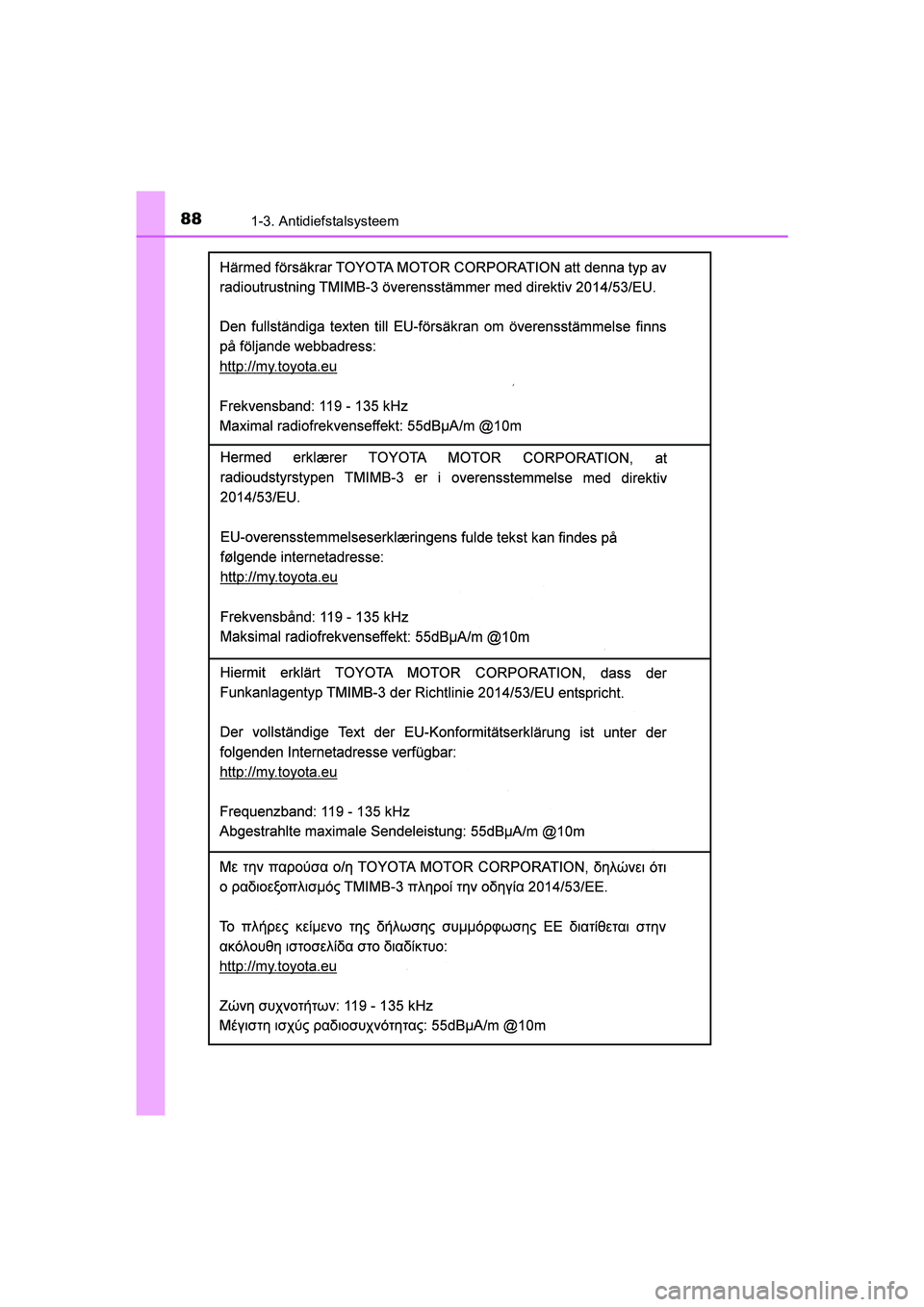 TOYOTA YARIS HATCHBACK 2019 Instructieboekje (in Dutch) 881-3. Antidiefstalsysteem
YARIS_F_OM_Europe_OM52A54E
YARIS_F_OM_Europe_OM52A54E.book Page 88 Friday, February 8, 2019 1:56 PM TOYOTA YARIS HATCHBACK 2019 Instructieboekje (in Dutch) 881-3. Antidiefstalsysteem
YARIS_F_OM_Europe_OM52A54E
YARIS_F_OM_Europe_OM52A54E.book Page 88 Friday, February 8, 2019 1:56 PM