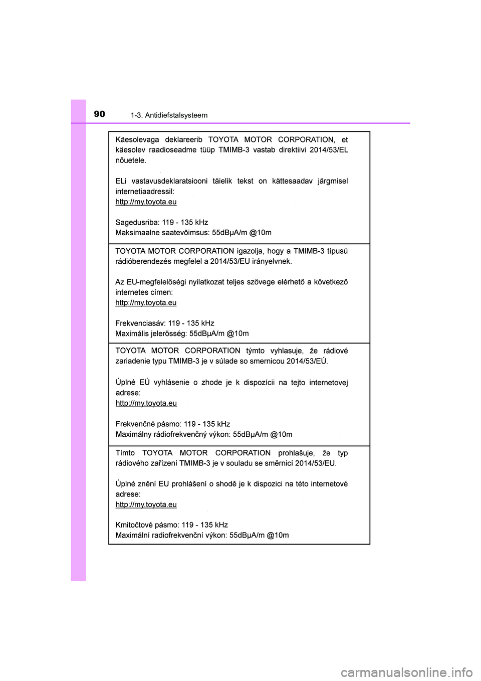 TOYOTA YARIS HATCHBACK 2019 Instructieboekje (in Dutch) 901-3. Antidiefstalsysteem
YARIS_F_OM_Europe_OM52A54E
YARIS_F_OM_Europe_OM52A54E.book Page 90 Friday, February 8, 2019 1:56 PM TOYOTA YARIS HATCHBACK 2019 Instructieboekje (in Dutch) 901-3. Antidiefstalsysteem
YARIS_F_OM_Europe_OM52A54E
YARIS_F_OM_Europe_OM52A54E.book Page 90 Friday, February 8, 2019 1:56 PM