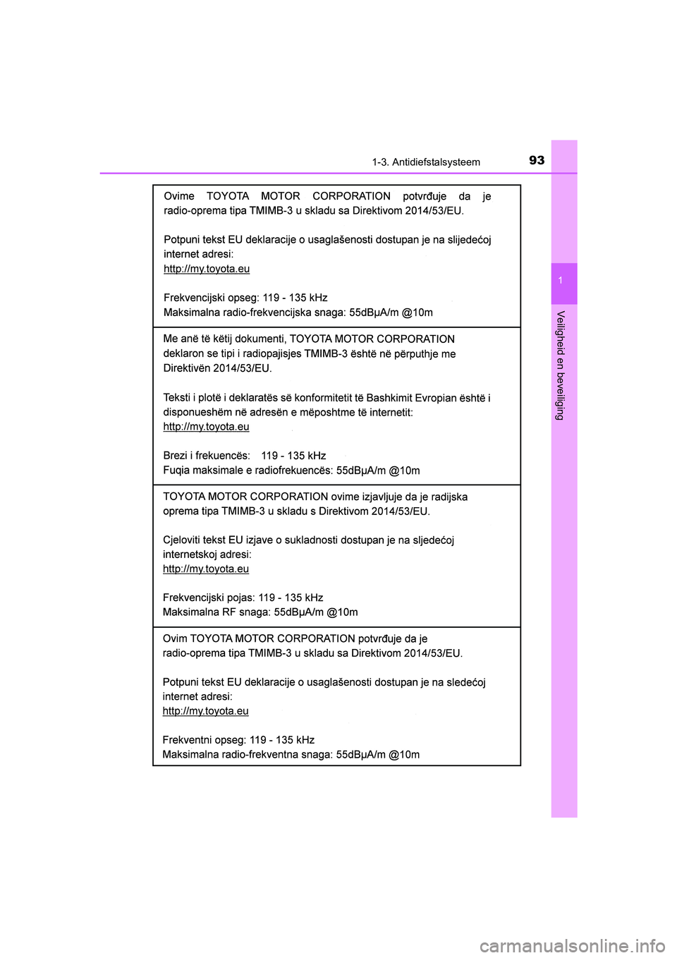TOYOTA YARIS HATCHBACK 2019  Instructieboekje (in Dutch) 931-3. Antidiefstalsysteem
1
Veiligheid en beveiliging
YARIS_F_OM_Europe_OM52A54E
YARIS_F_OM_Europe_OM52A54E.book  Page 93  Friday, February 8, 2019  1:56 PM 